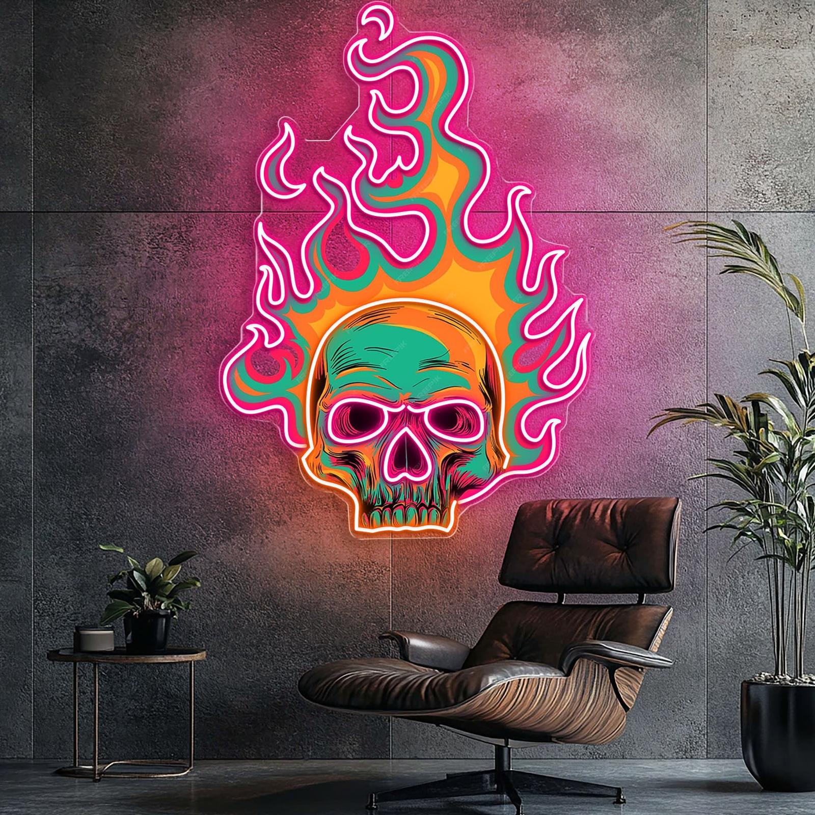 Bunte Flamme brennender Totenkopf Leuchtreklame Lichtkunstwerk