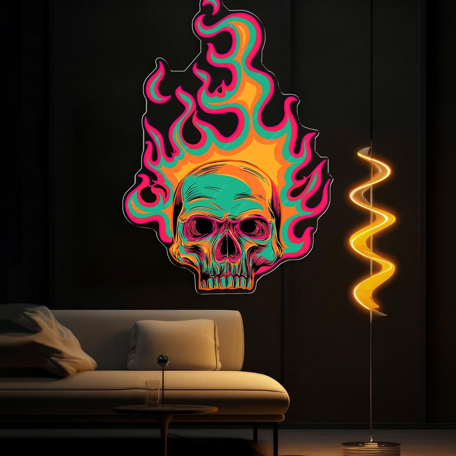 Bunte Flamme brennender Totenkopf Leuchtreklame Lichtkunstwerk