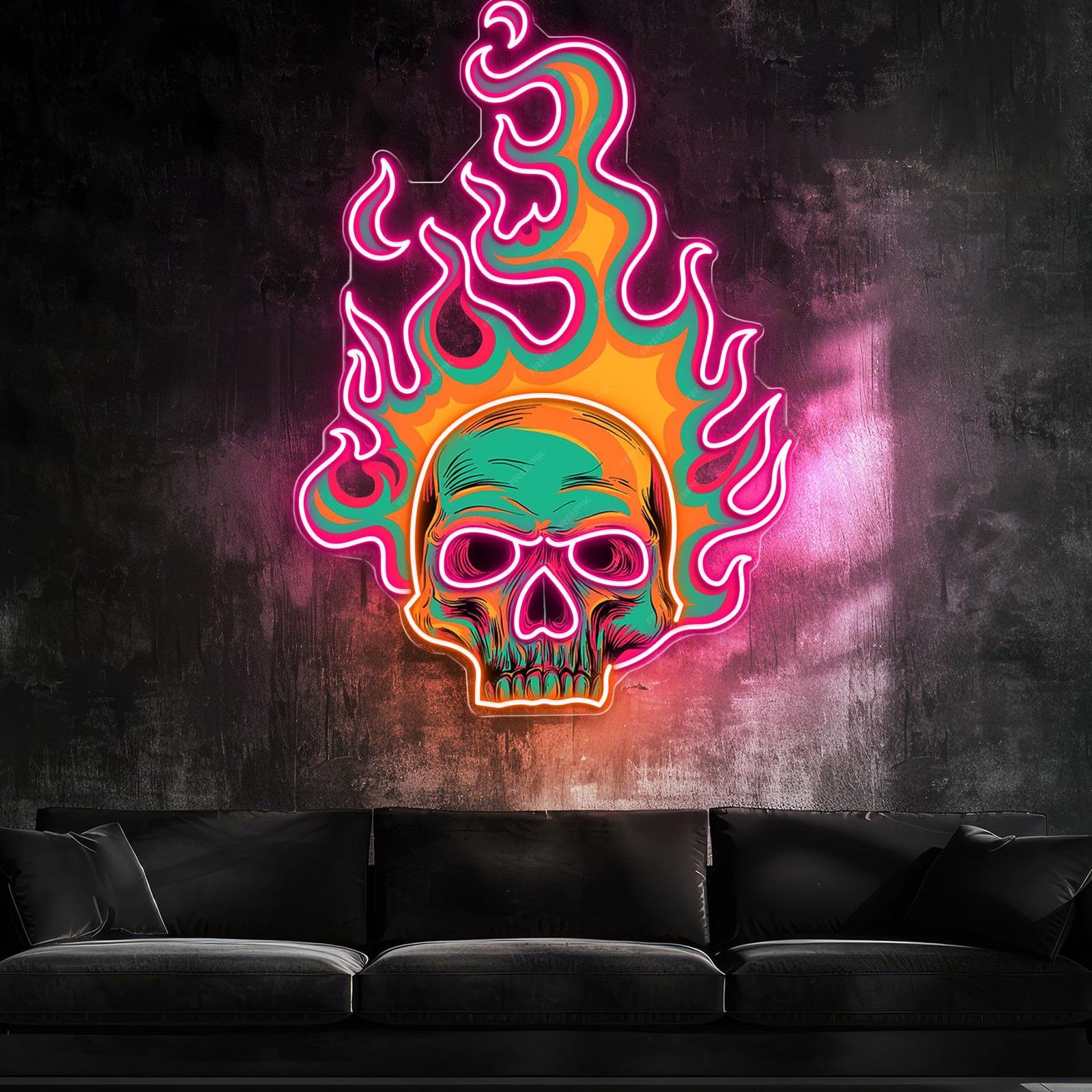 Bunte Flamme brennender Totenkopf Leuchtreklame Lichtkunstwerk