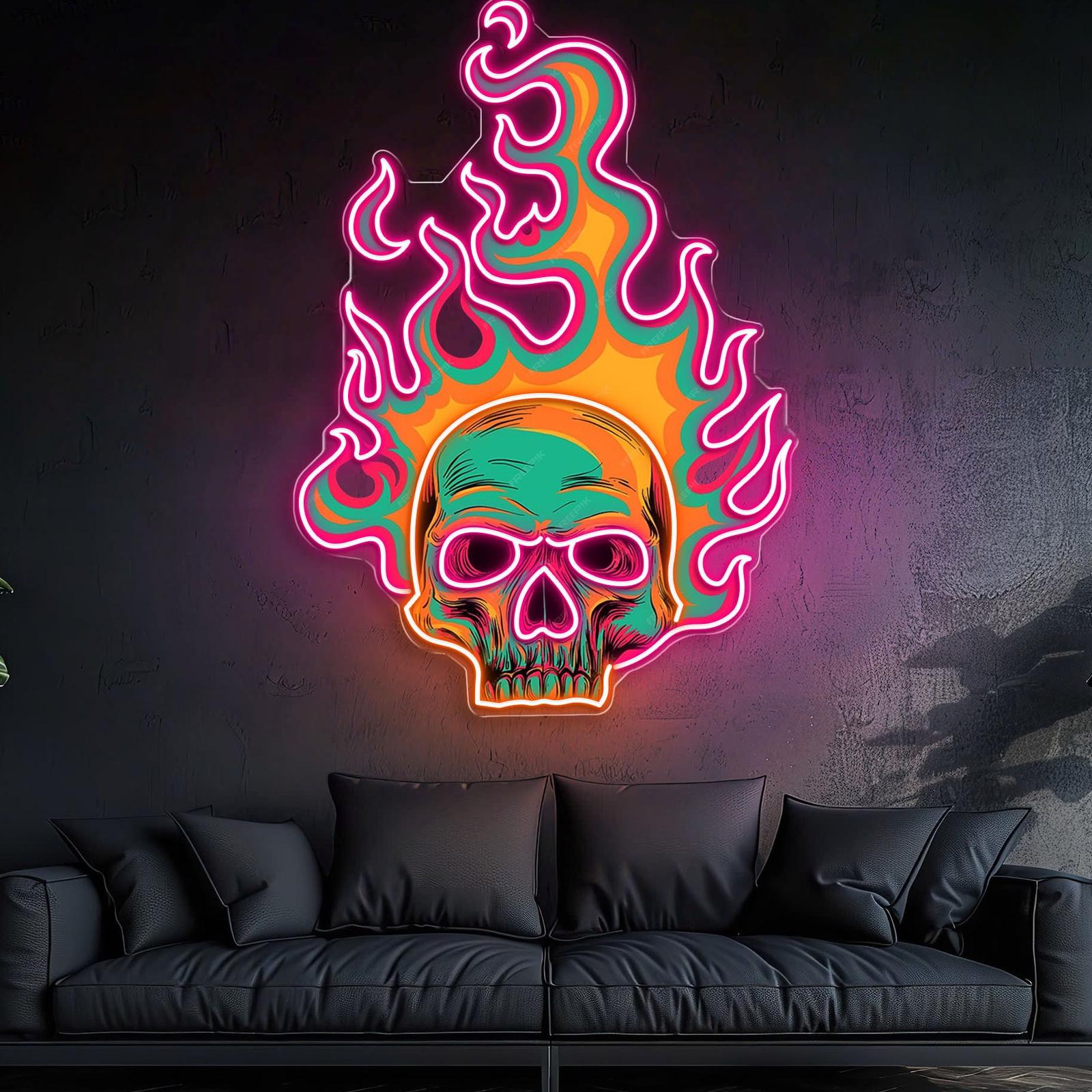 Bunte Flamme brennender Totenkopf Leuchtreklame Lichtkunstwerk