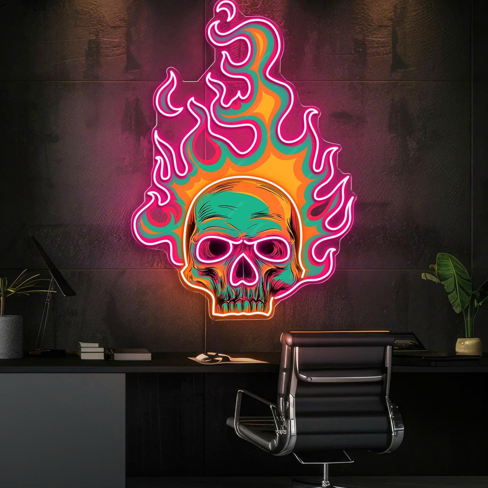 Bunte Flamme brennender Totenkopf Leuchtreklame Lichtkunstwerk