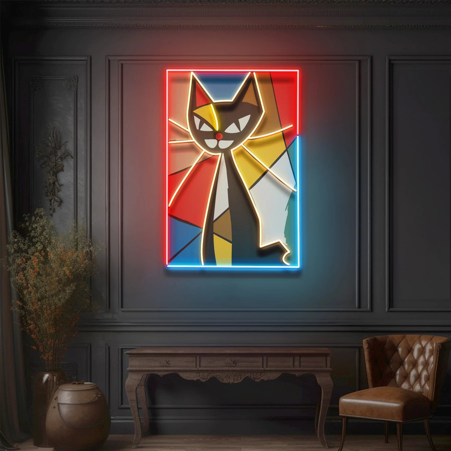 Buntes Katzengemälde im abstrakten Kunst-LED Neonschild Licht