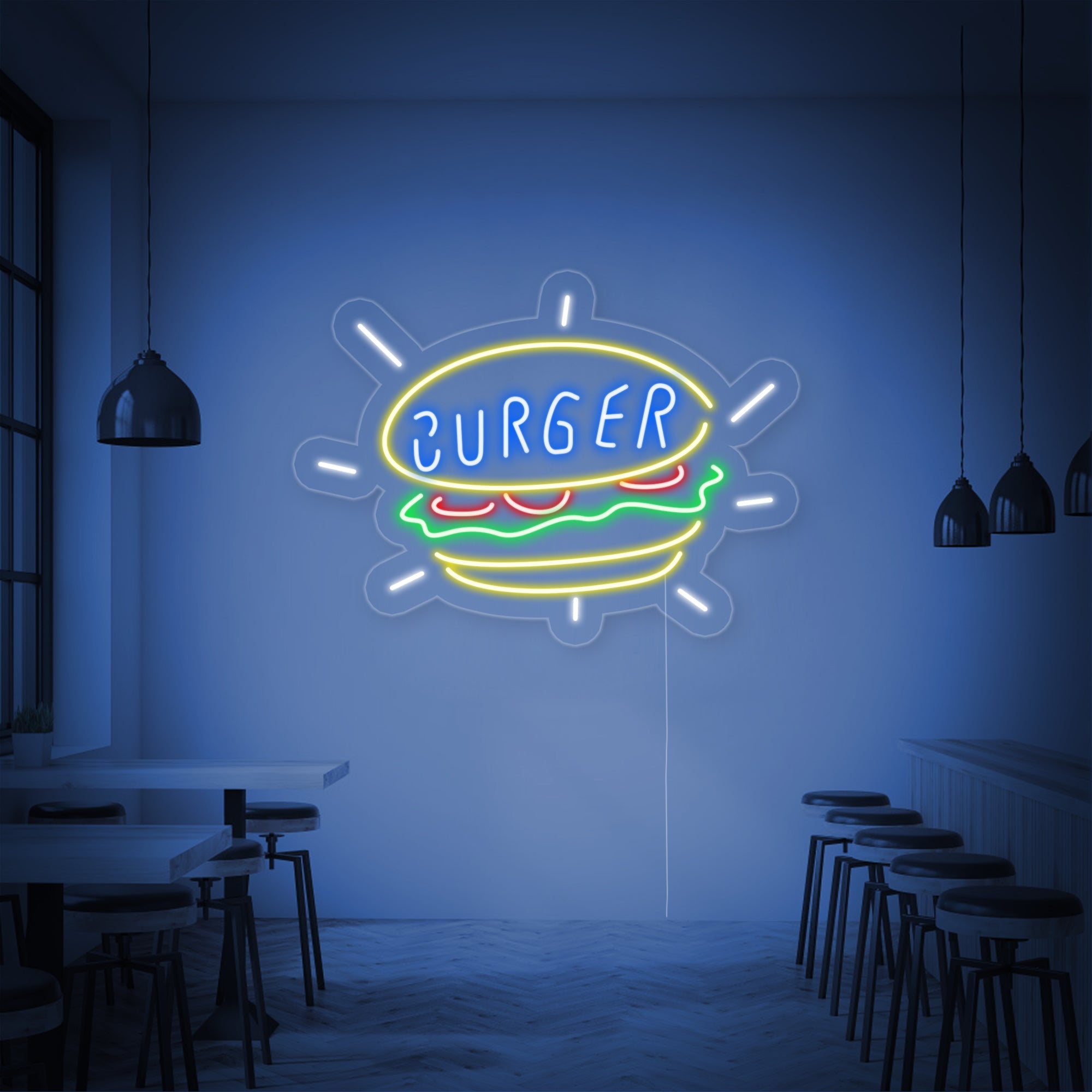 "Burger, Lebensmittelgeschäft" Neonschrift