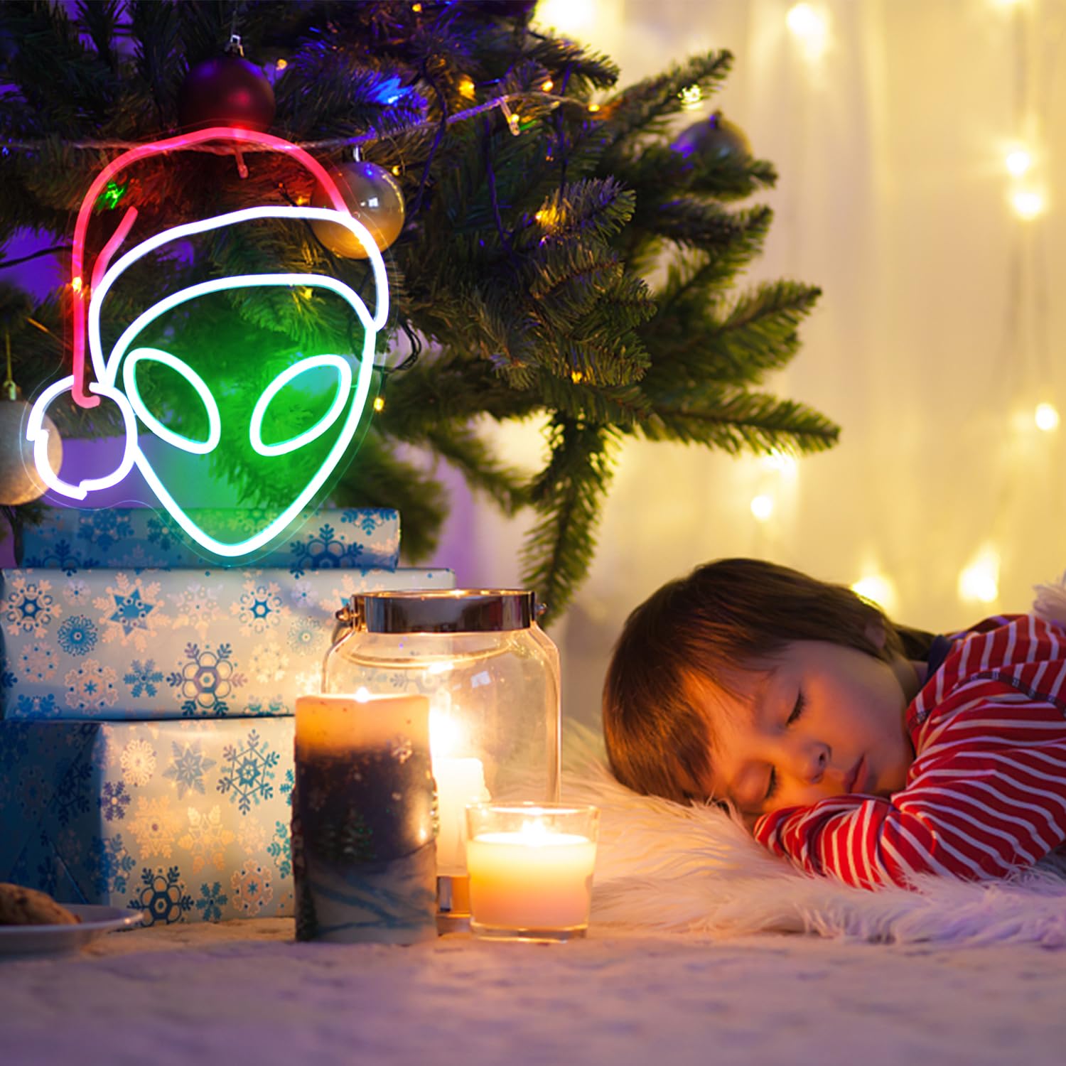 Christmas Alien Neonlampe – Grüne & Rote LED-Deko mit Weihnachtsflair