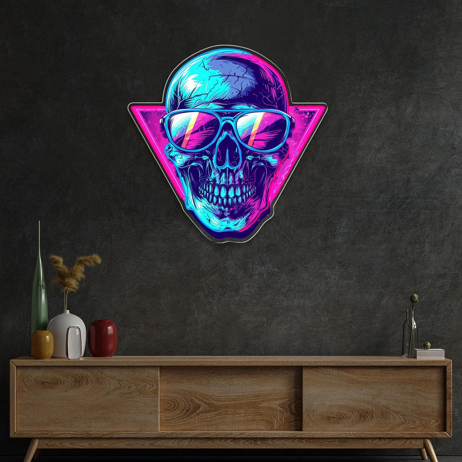 Cooler Totenkopf mit Brille, buntes Pop Neon Kunstwerk