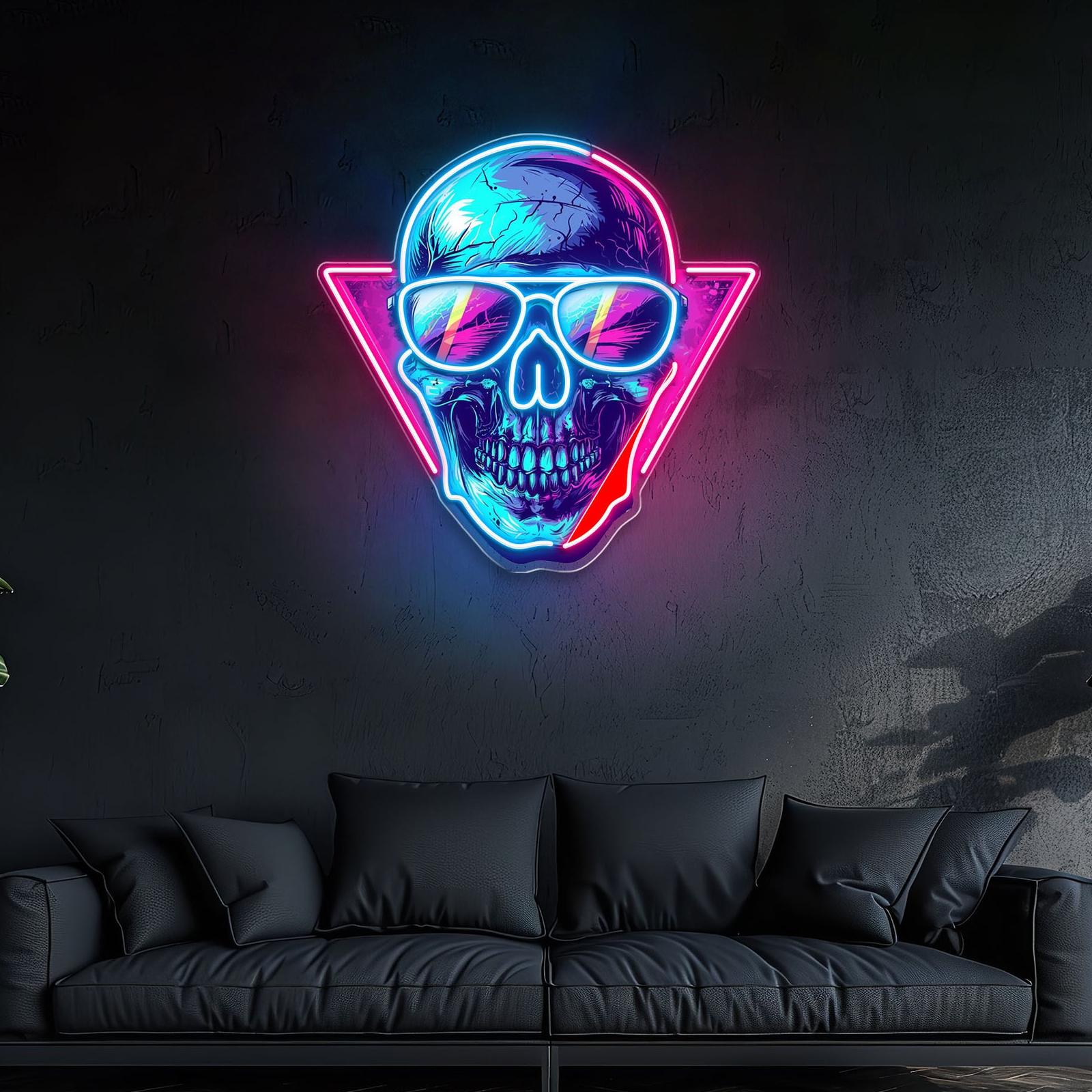 Cooler Totenkopf mit Brille, buntes Pop Neon Kunstwerk