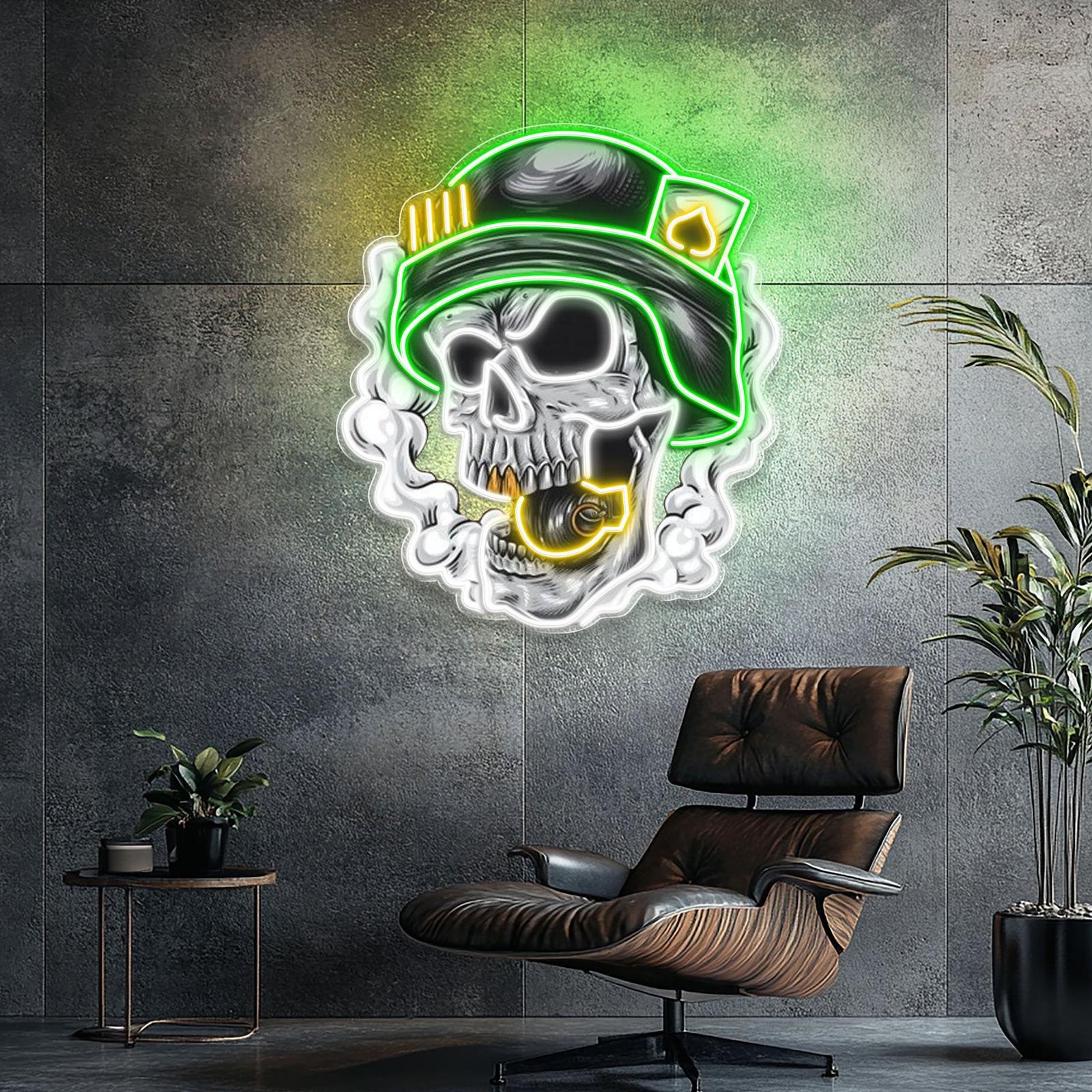 Cooler Totenkopf mit Helm mit Rauch und Bomben Leuchtreklame