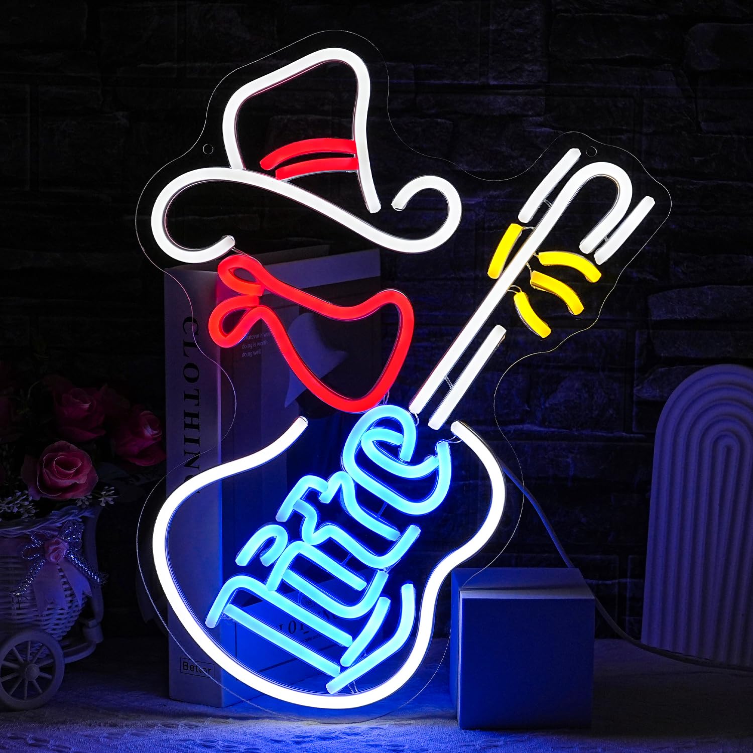 Cowboyhut-Gitarre-Leuchtreklame für Wanddekoration