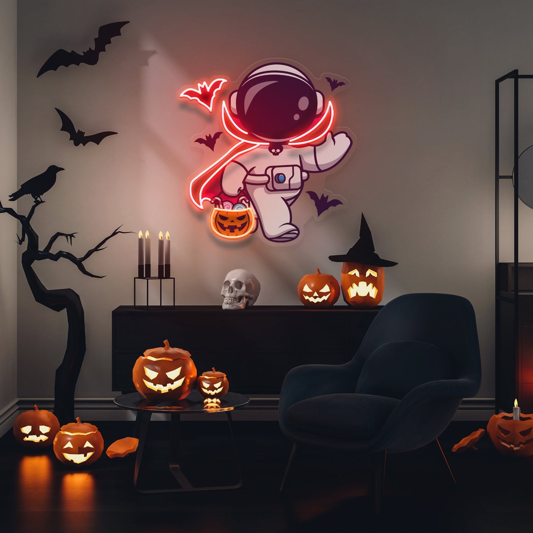 Niedliches Astronauten Dracula Halloween Kunstwerk, LED Neonlicht