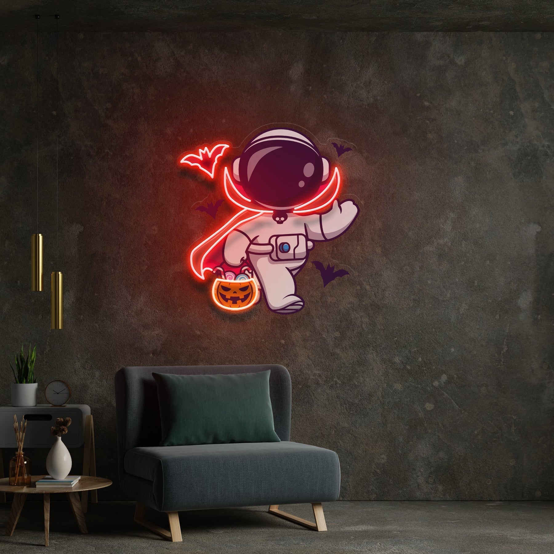 Niedliches Astronauten Dracula Halloween Kunstwerk, LED Neonlicht