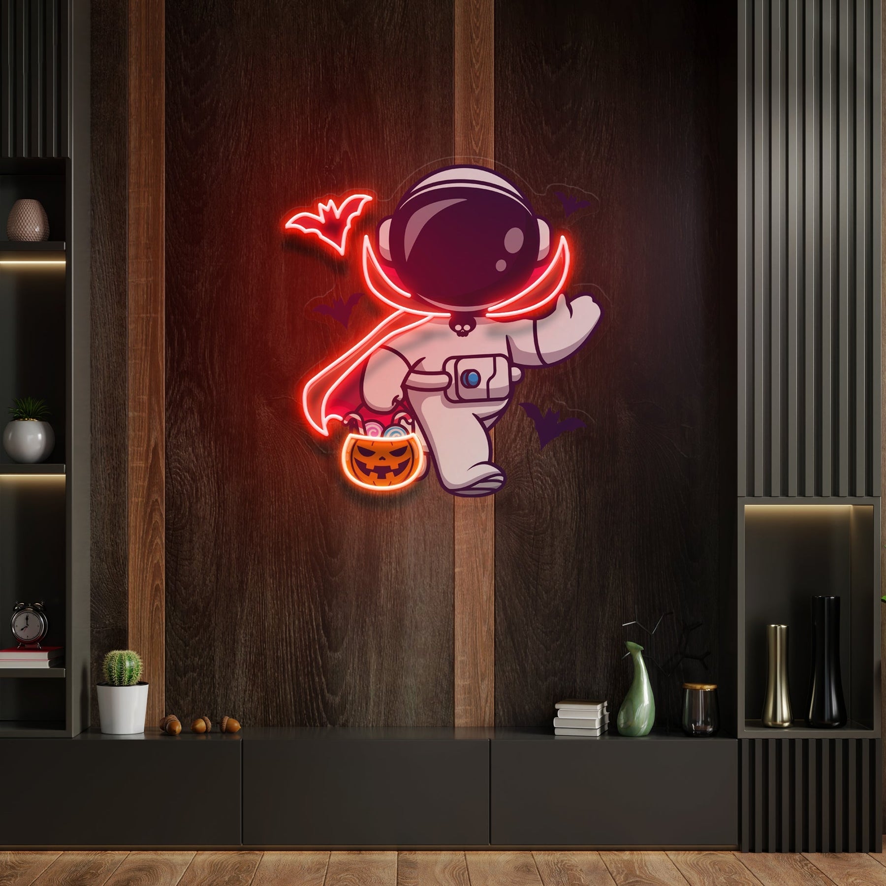 Niedliches Astronauten Dracula Halloween Kunstwerk, LED Neonlicht