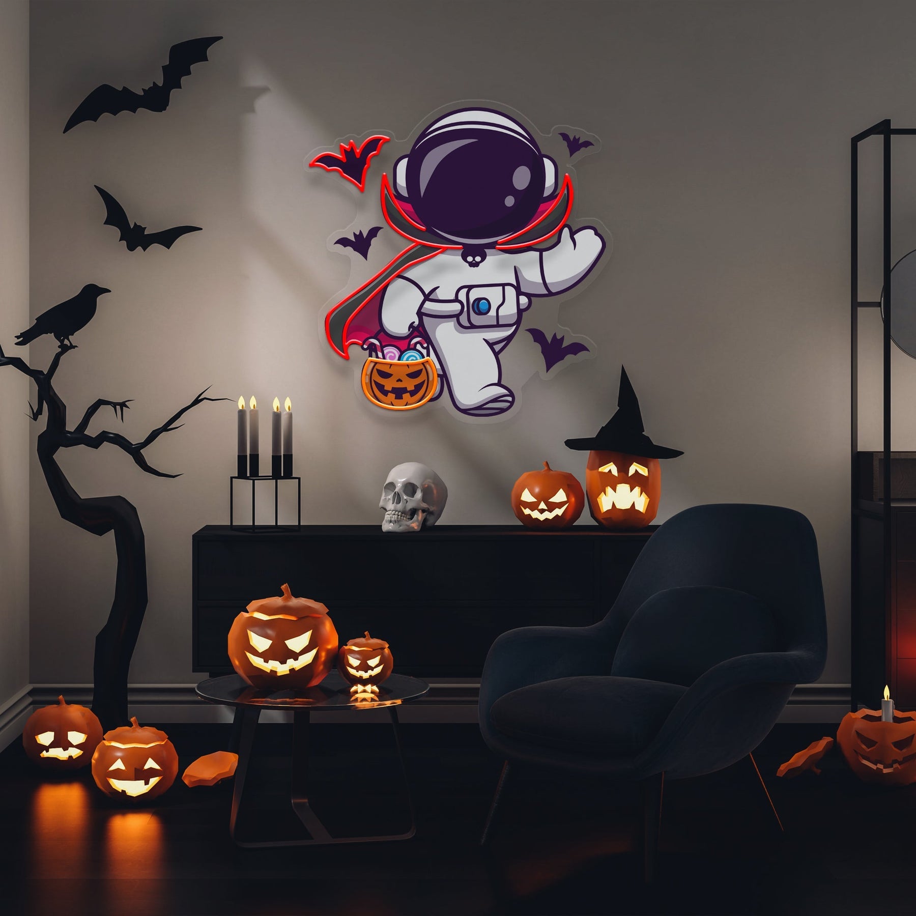 Niedliches Astronauten Dracula Halloween Kunstwerk, LED Neonlicht