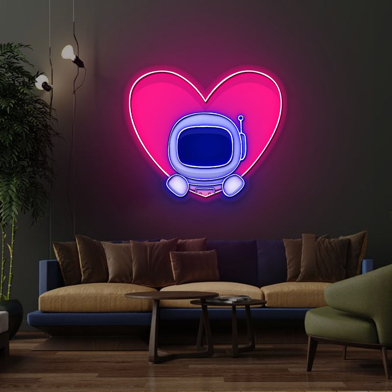 Herz Neonschild – Niedliches Astronauten Pop-up in Acryl Kunstwerk