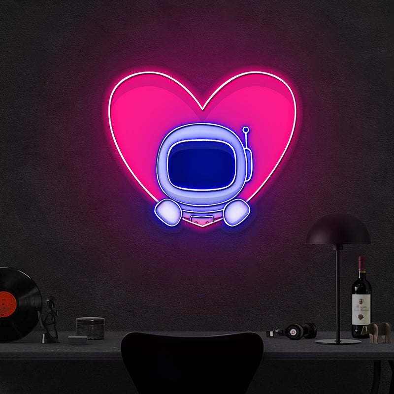 Herz Neonschild – Niedliches Astronauten Pop-up in Acryl Kunstwerk
