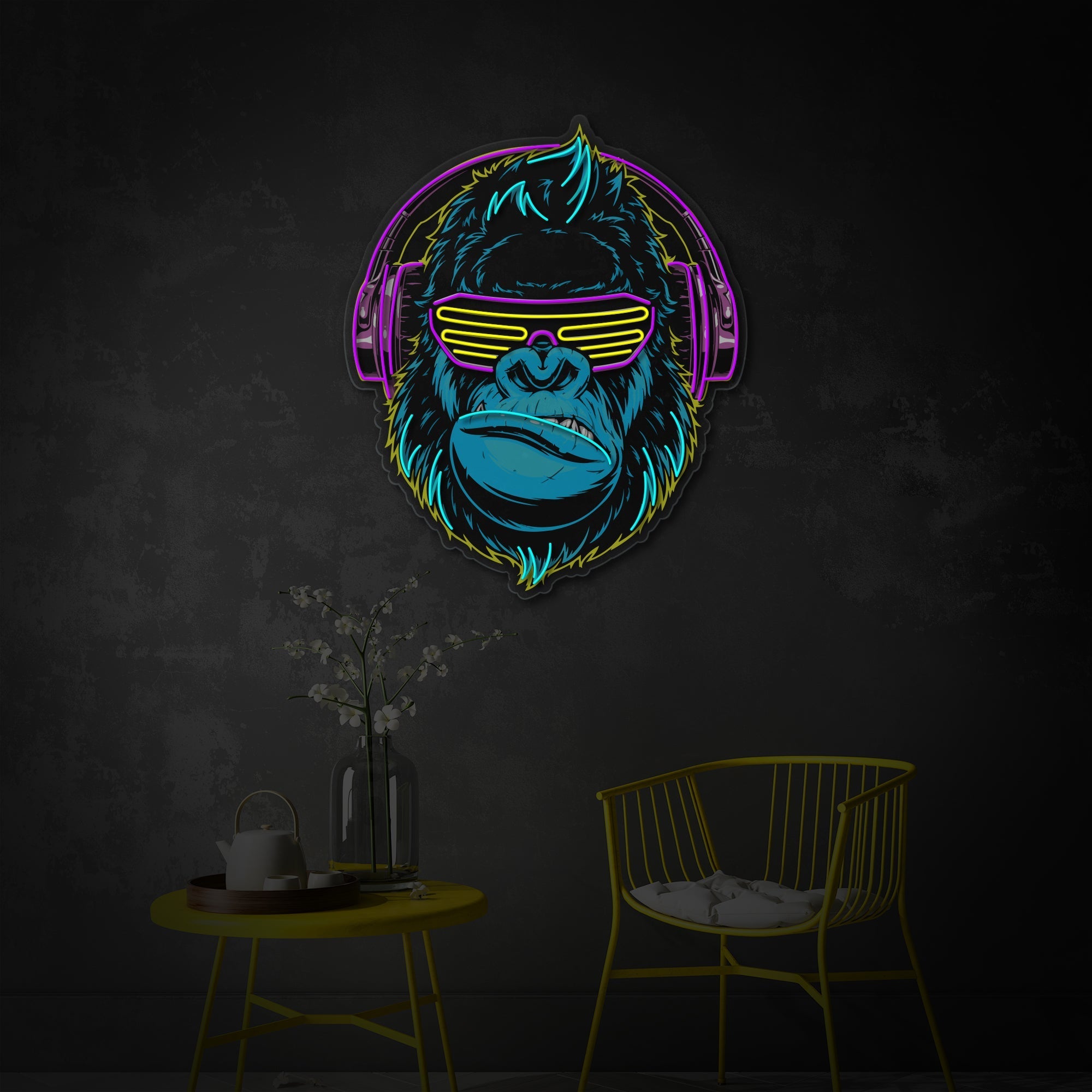 "Cyberpunk -Affe mit Kopfhörer, Spielzimmerdekoration" UV-bedruckt LED-Neonschild