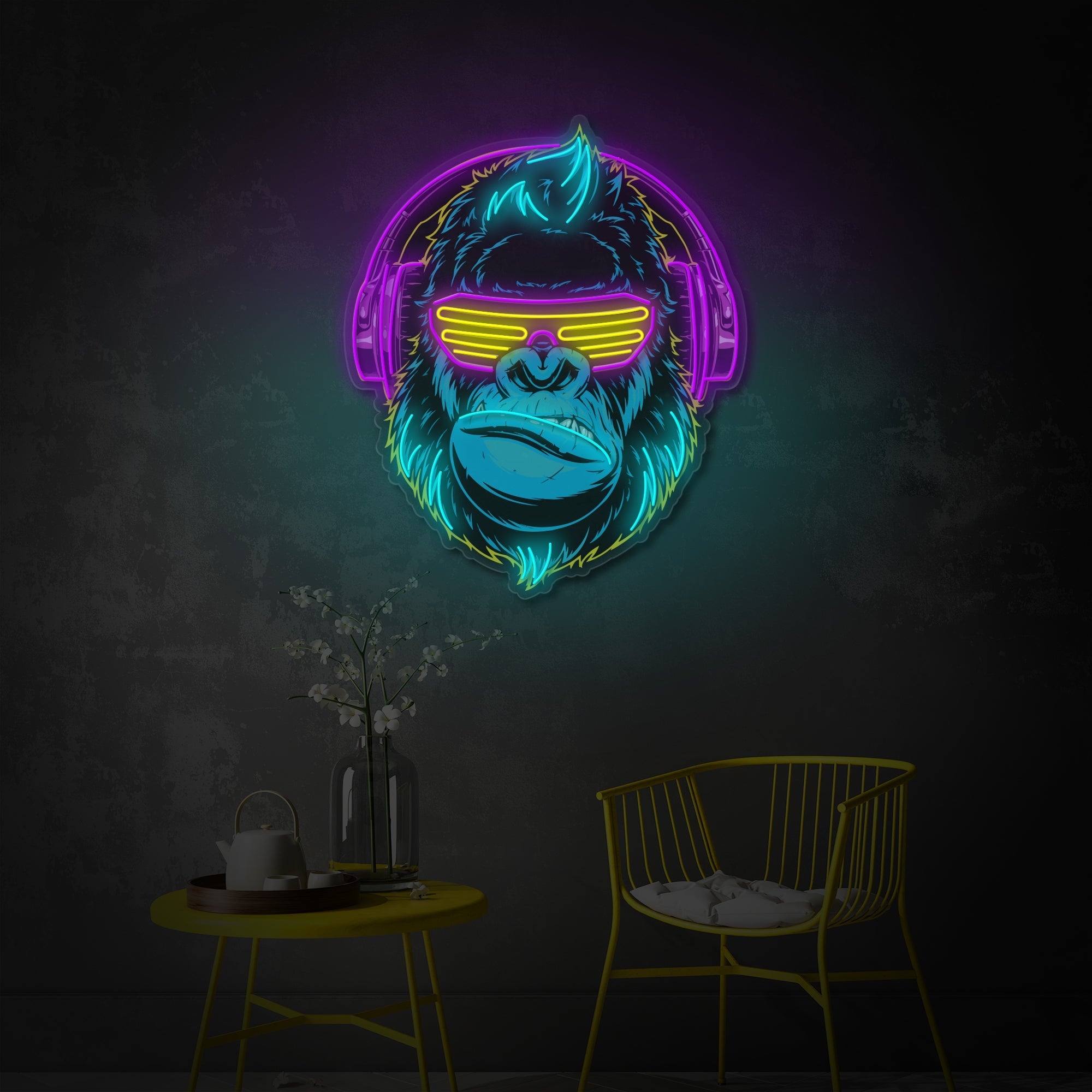 "Cyberpunk -Affe mit Kopfhörer, Spielzimmerdekoration" UV-bedruckt LED-Neonschild