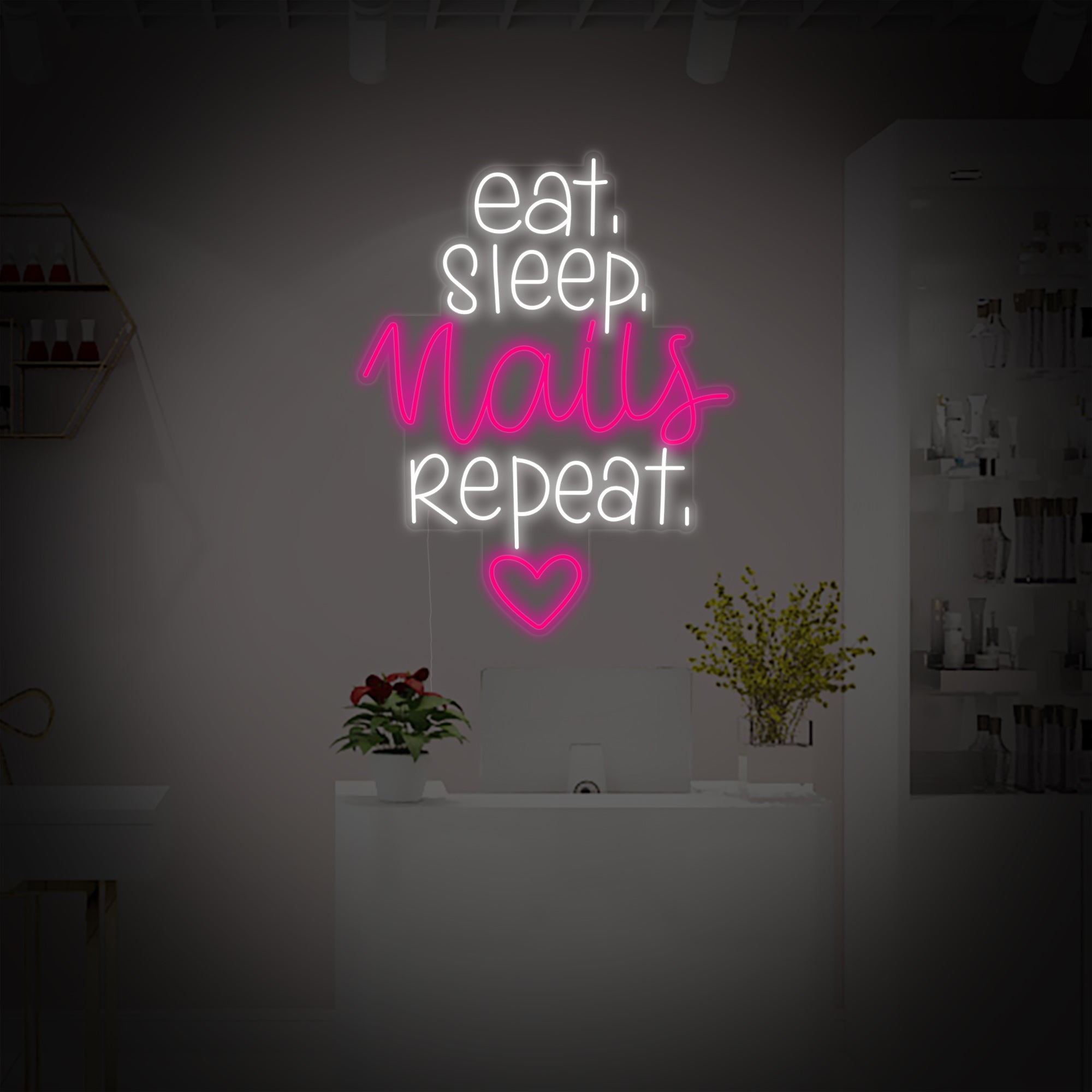 "Nägel Studio Eat Sleep Nails Repeat" Neonschrift