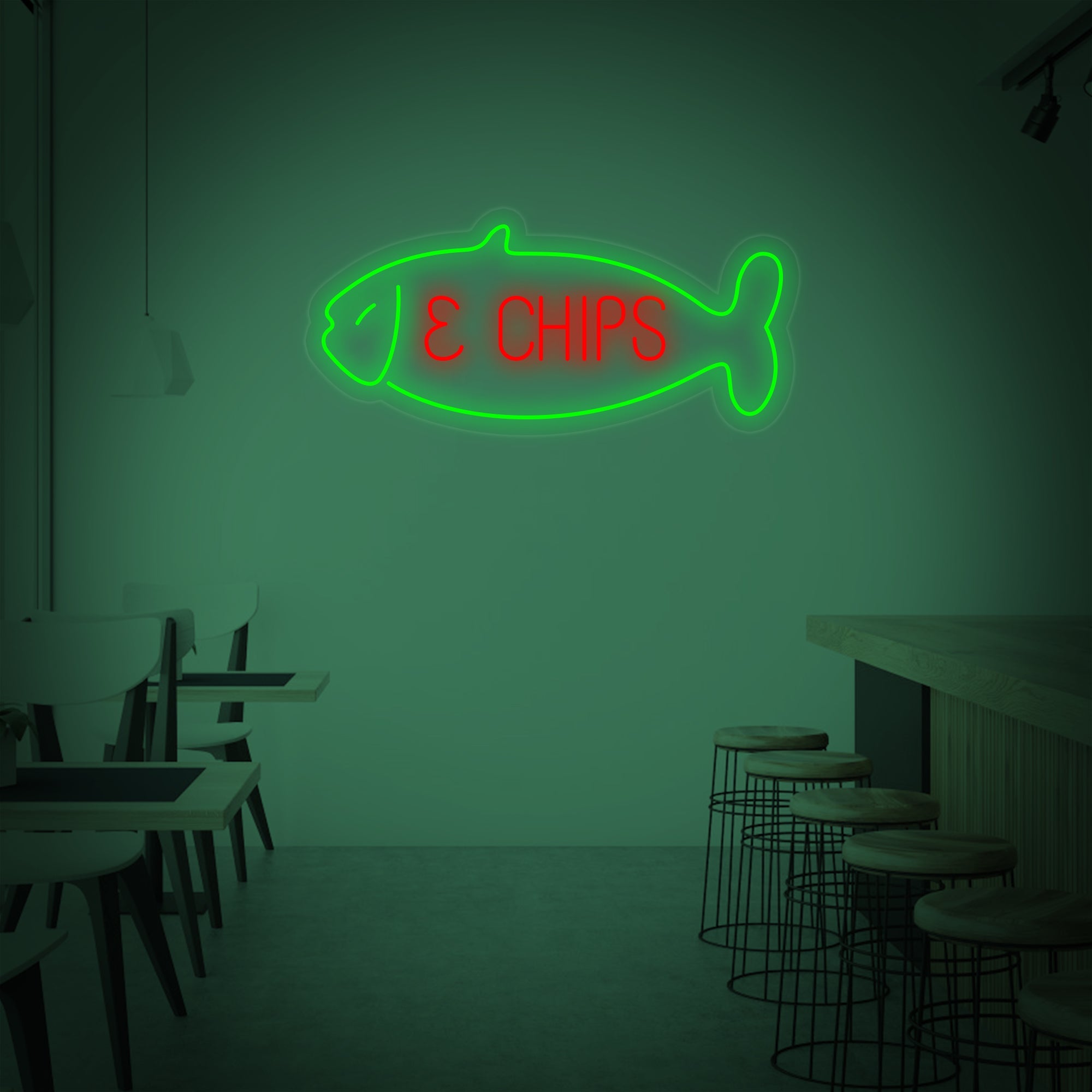 "Fish & Chips, Fisch" Neonschrift