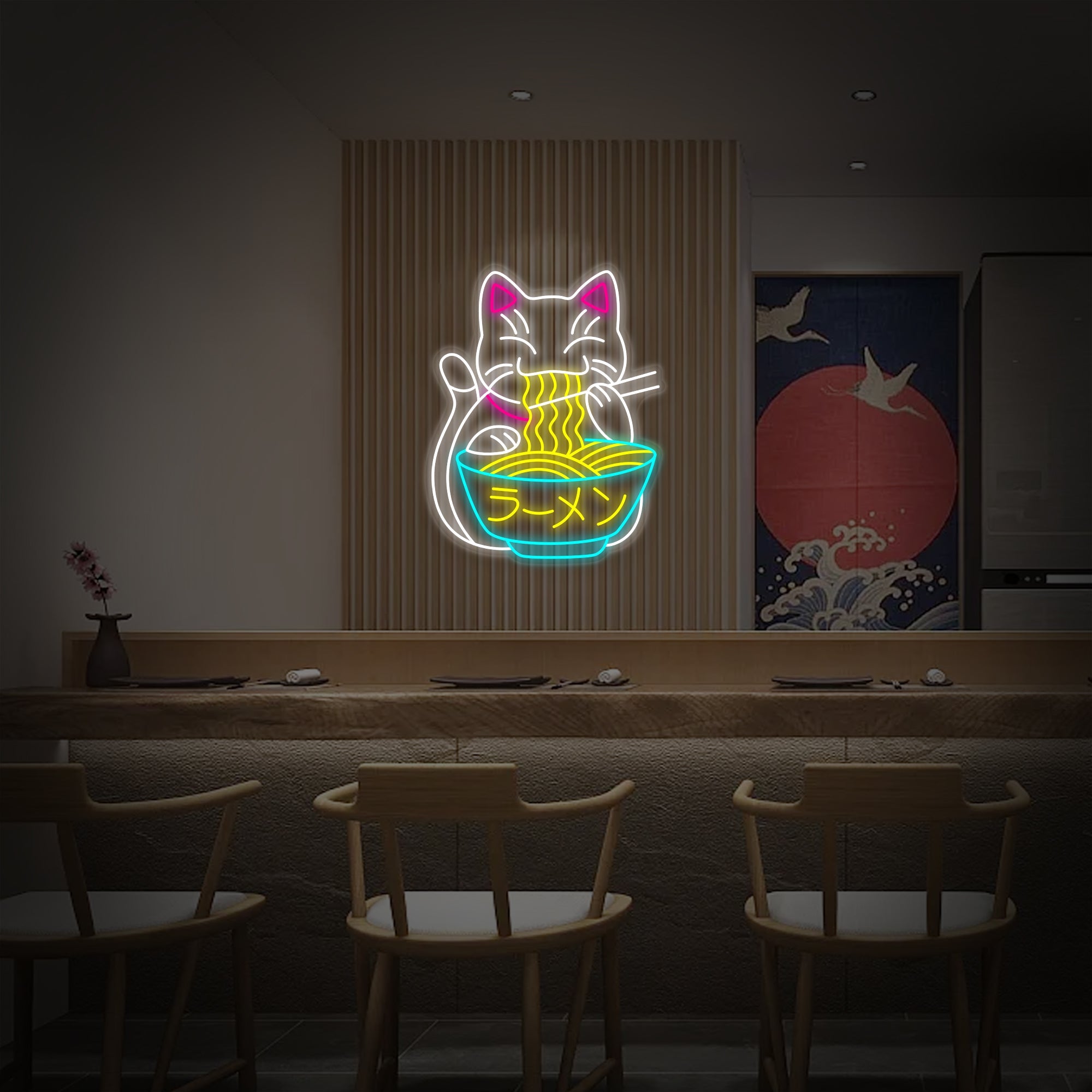 "Glückskatze Isst Ramen Und Japanische Nudeln" Neonschrift