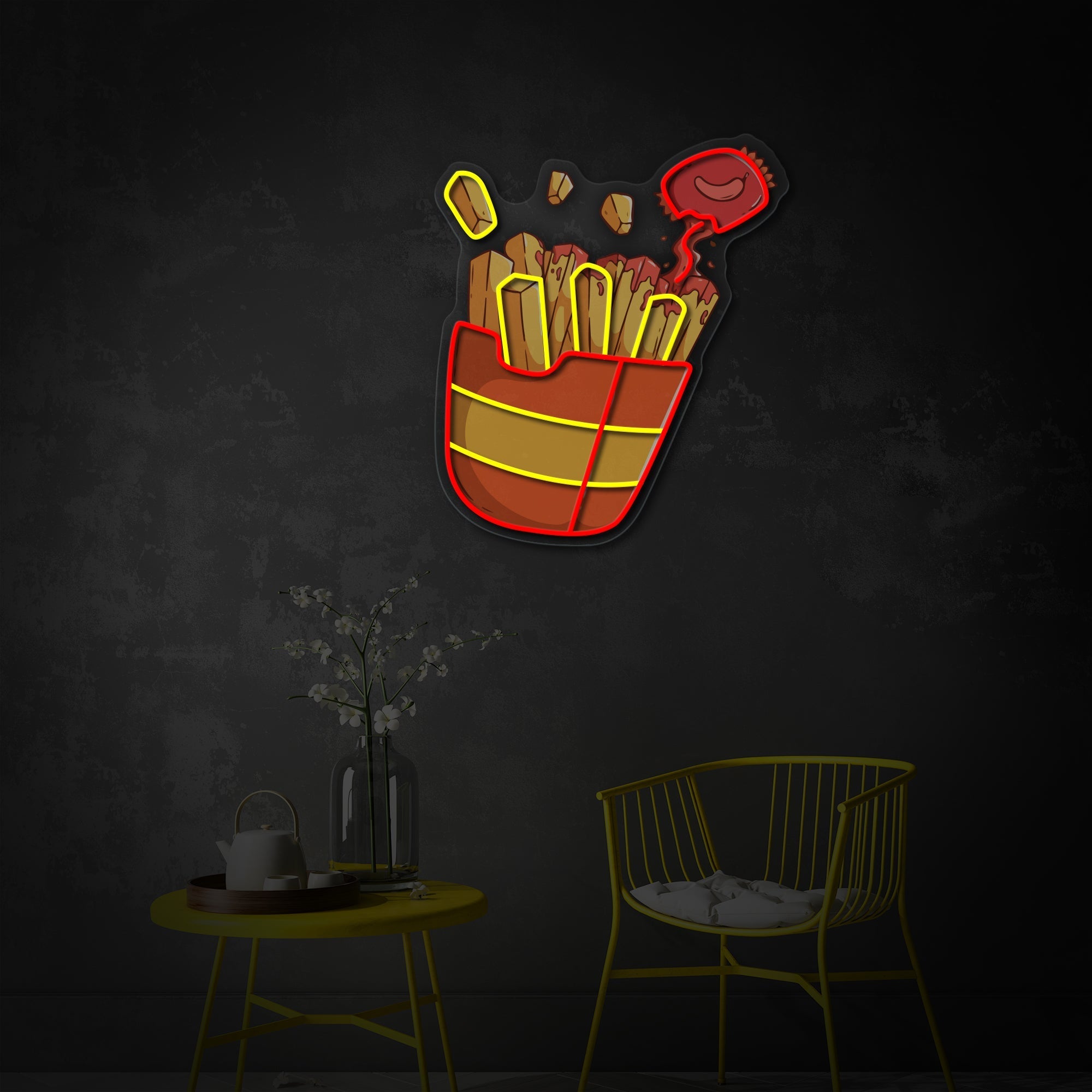 "Pommes Frites mit Chilisauce, Fast Food" UV-bedruckt LED-Neonschild