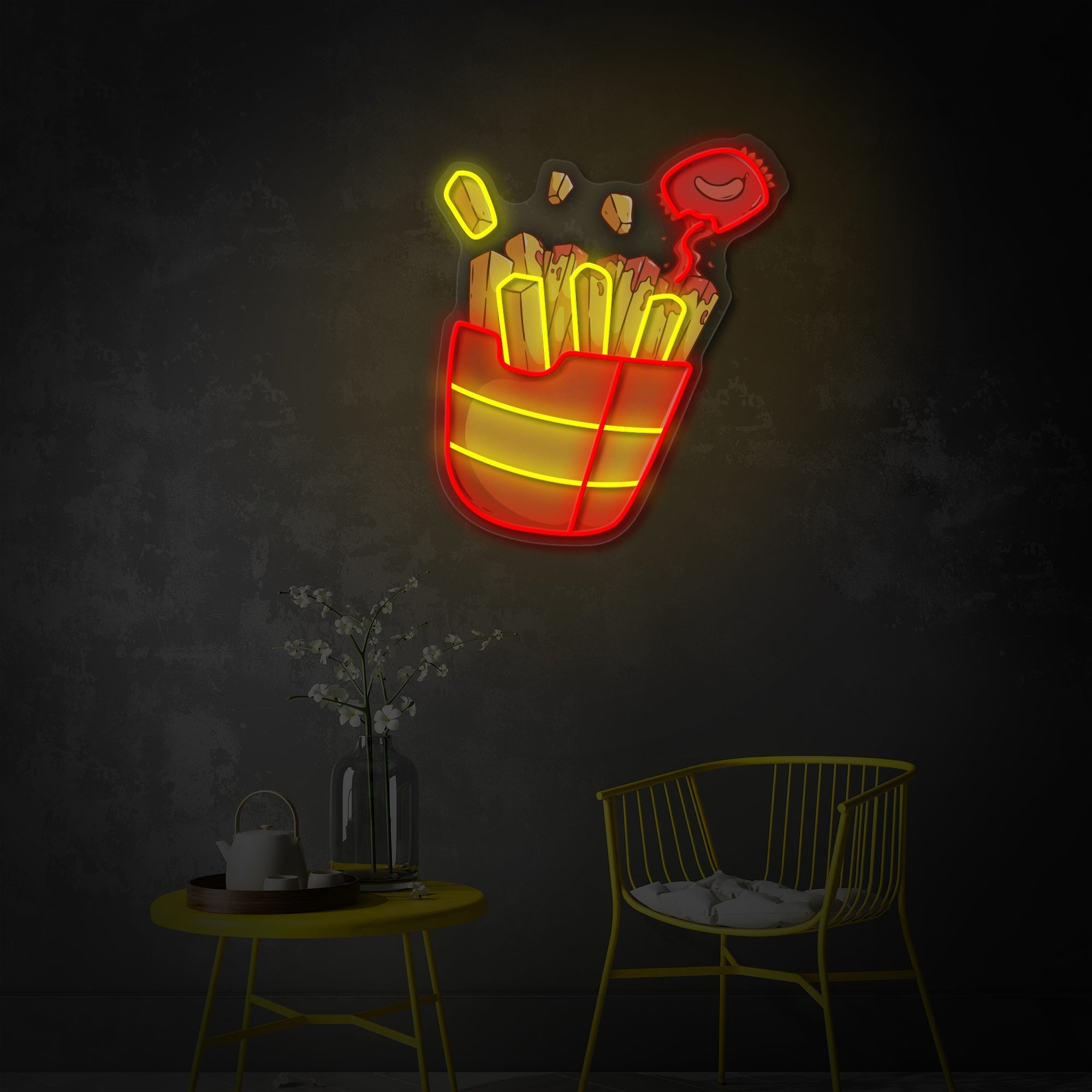 "Pommes Frites mit Chilisauce, Fast Food" UV-bedruckt LED-Neonschild