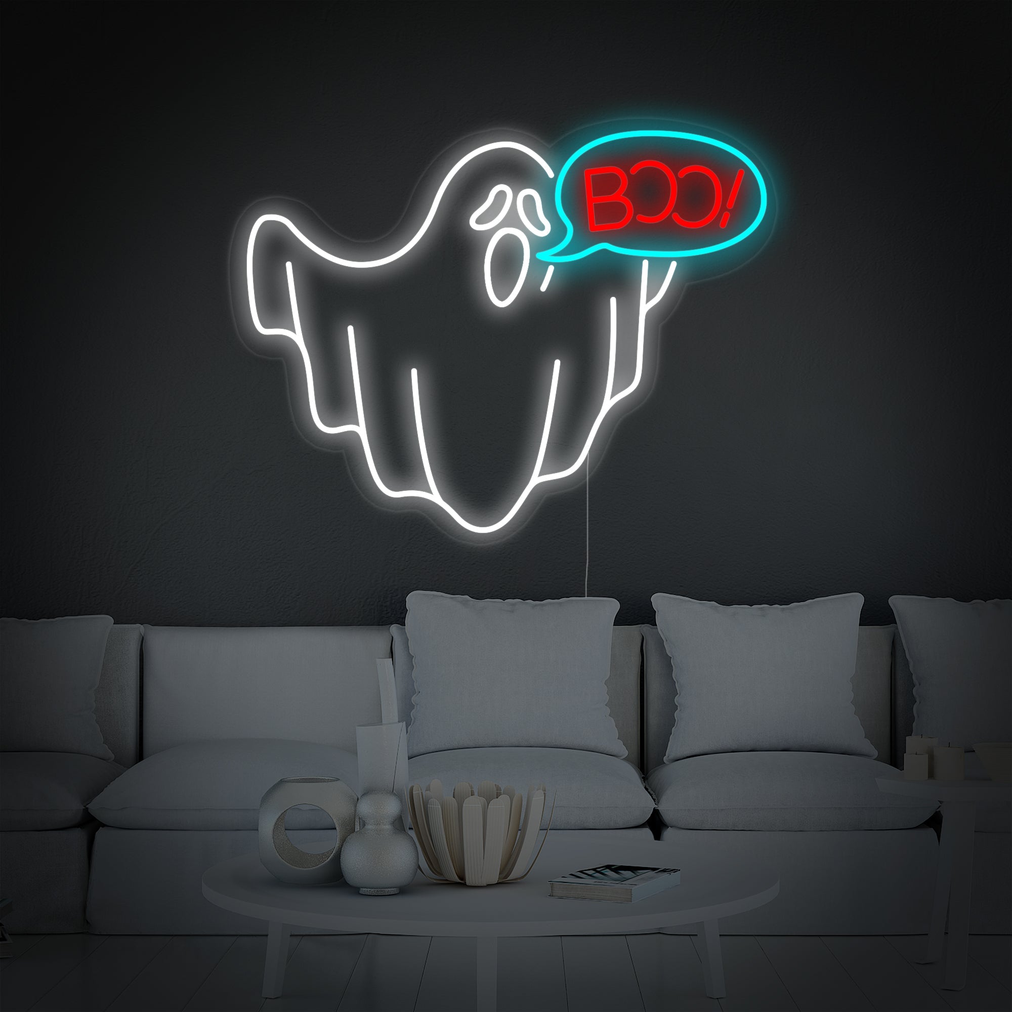 "boo, Geist, Halloween" Neonschrift