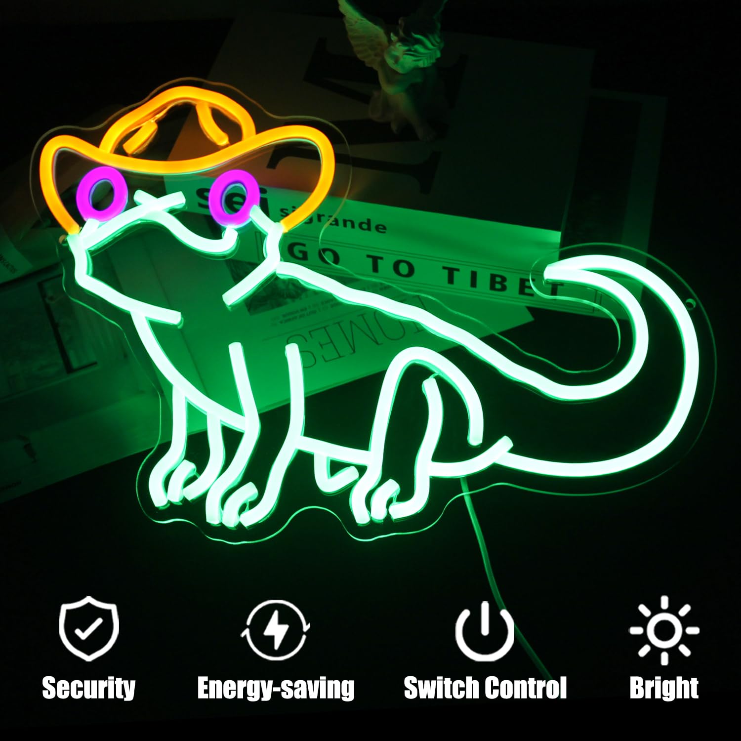 Grüne Leguan Neonlampe mit Cowboyhut – Coole Reptilien LED-Deko