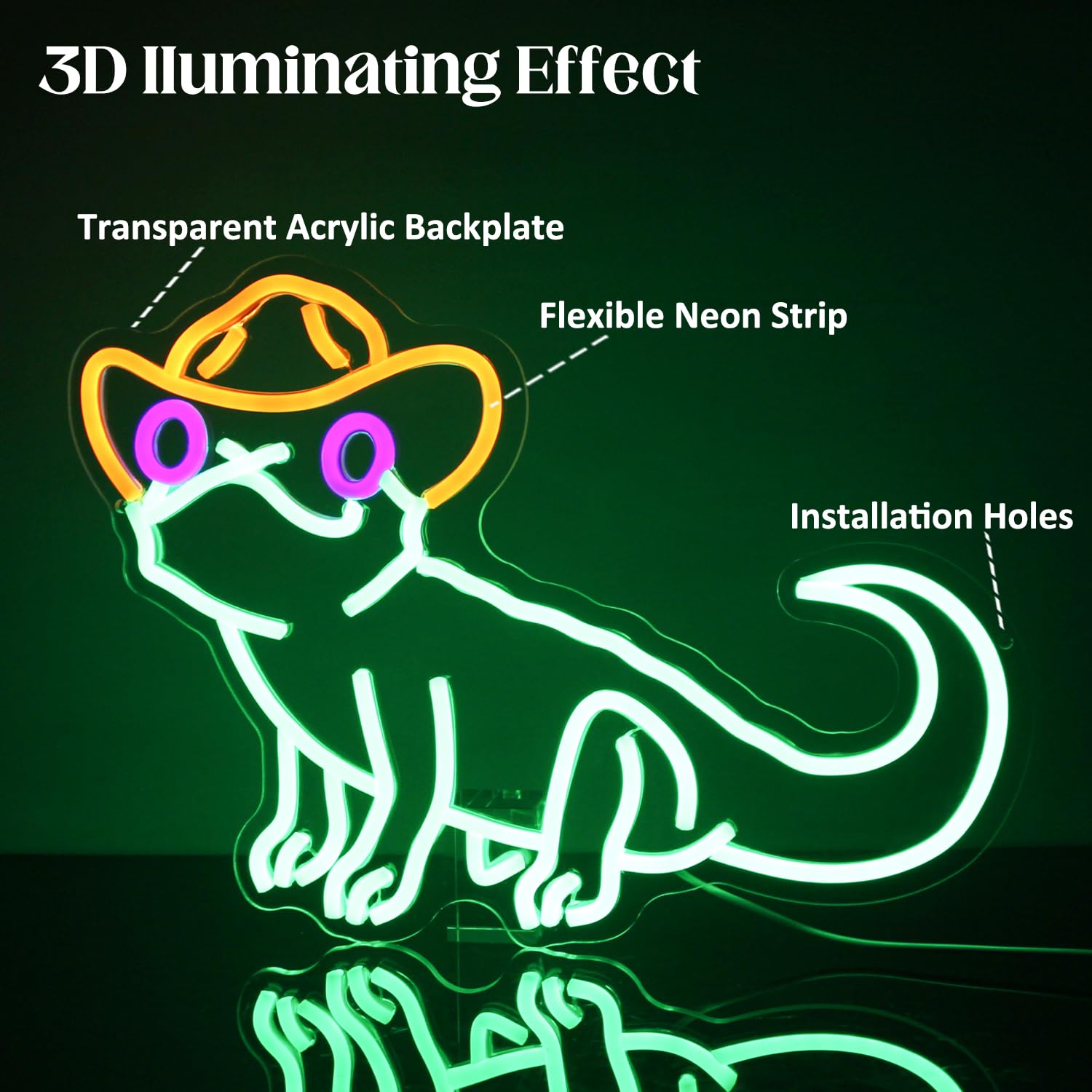 Grüne Leguan Neonlampe mit Cowboyhut – Coole Reptilien LED-Deko