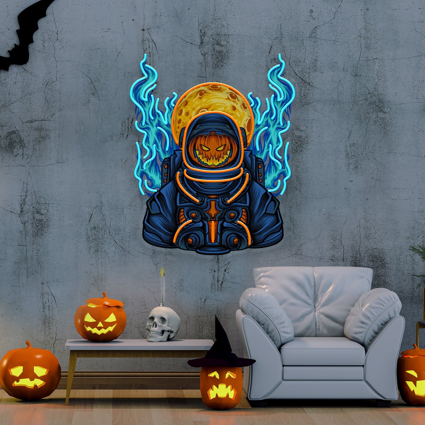 Halloween Astronauten Kürbis Kunstwerk LED Neon – Grusel trifft Galaxie