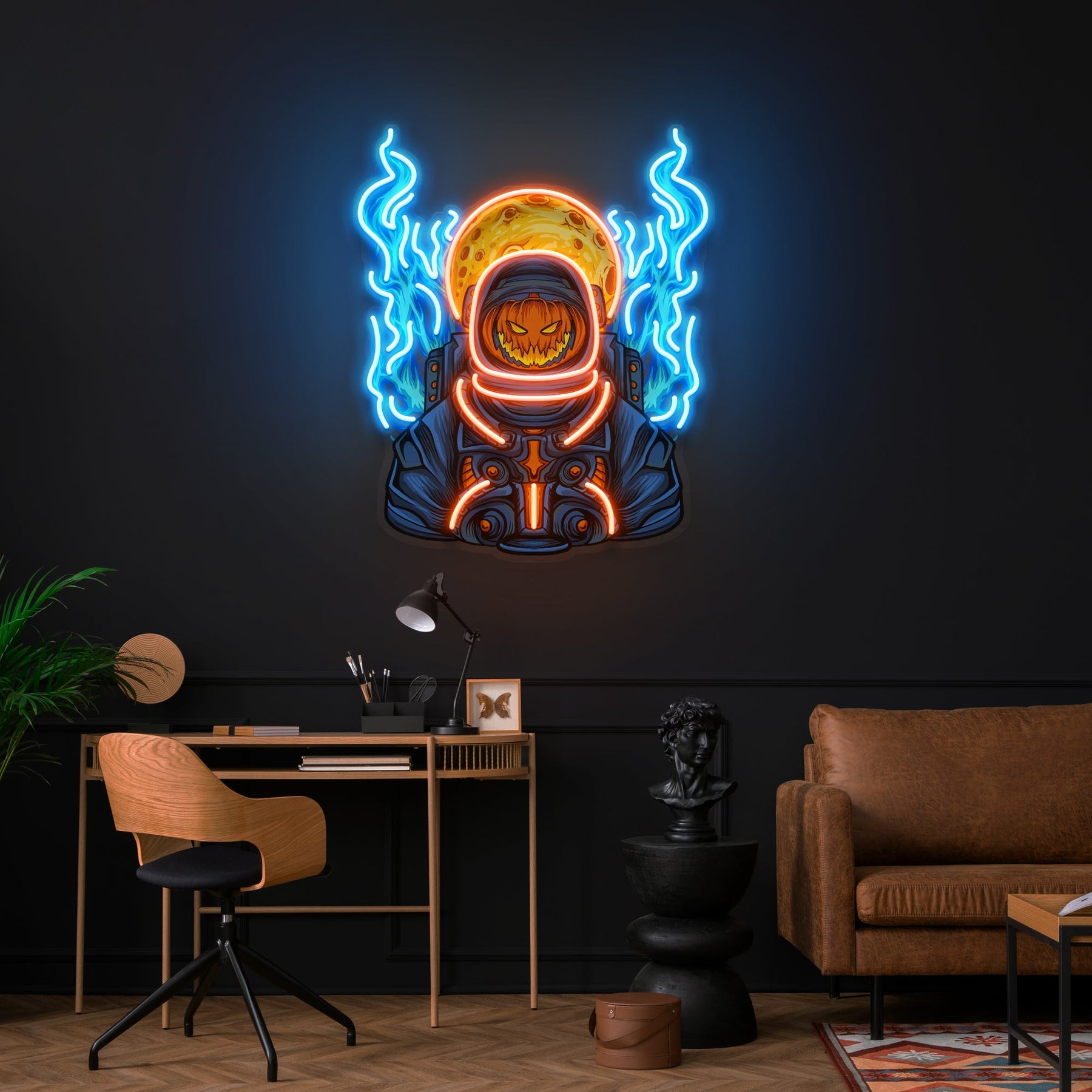 Halloween Astronauten Kürbis Kunstwerk LED Neon – Grusel trifft Galaxie