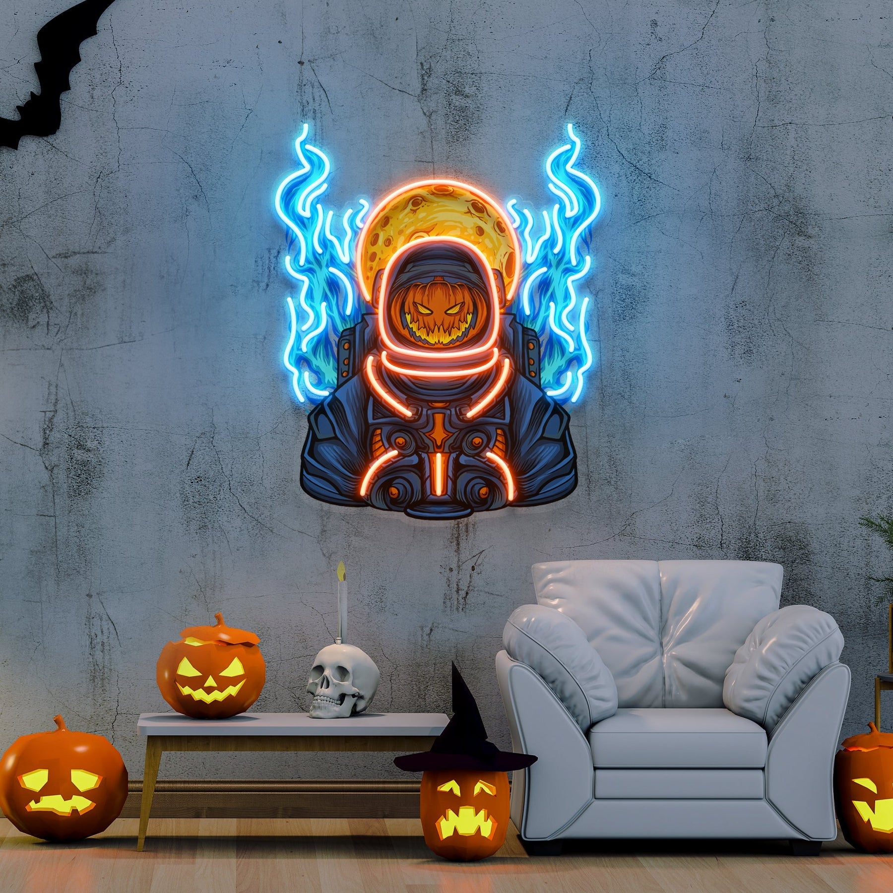 Halloween Astronauten Kürbis Kunstwerk LED Neon – Grusel trifft Galaxie