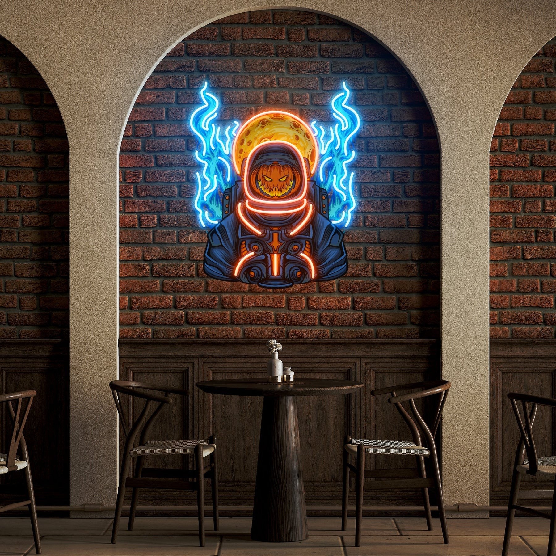 Halloween Astronauten Kürbis Kunstwerk LED Neon – Grusel trifft Galaxie