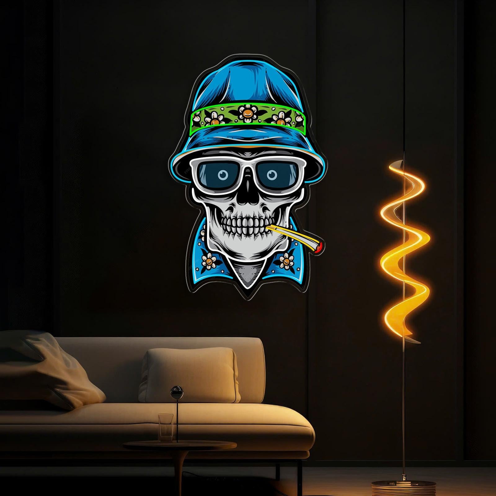 Totenkopf, Hut und Rauch im Neonlicht-Leuchtreklame