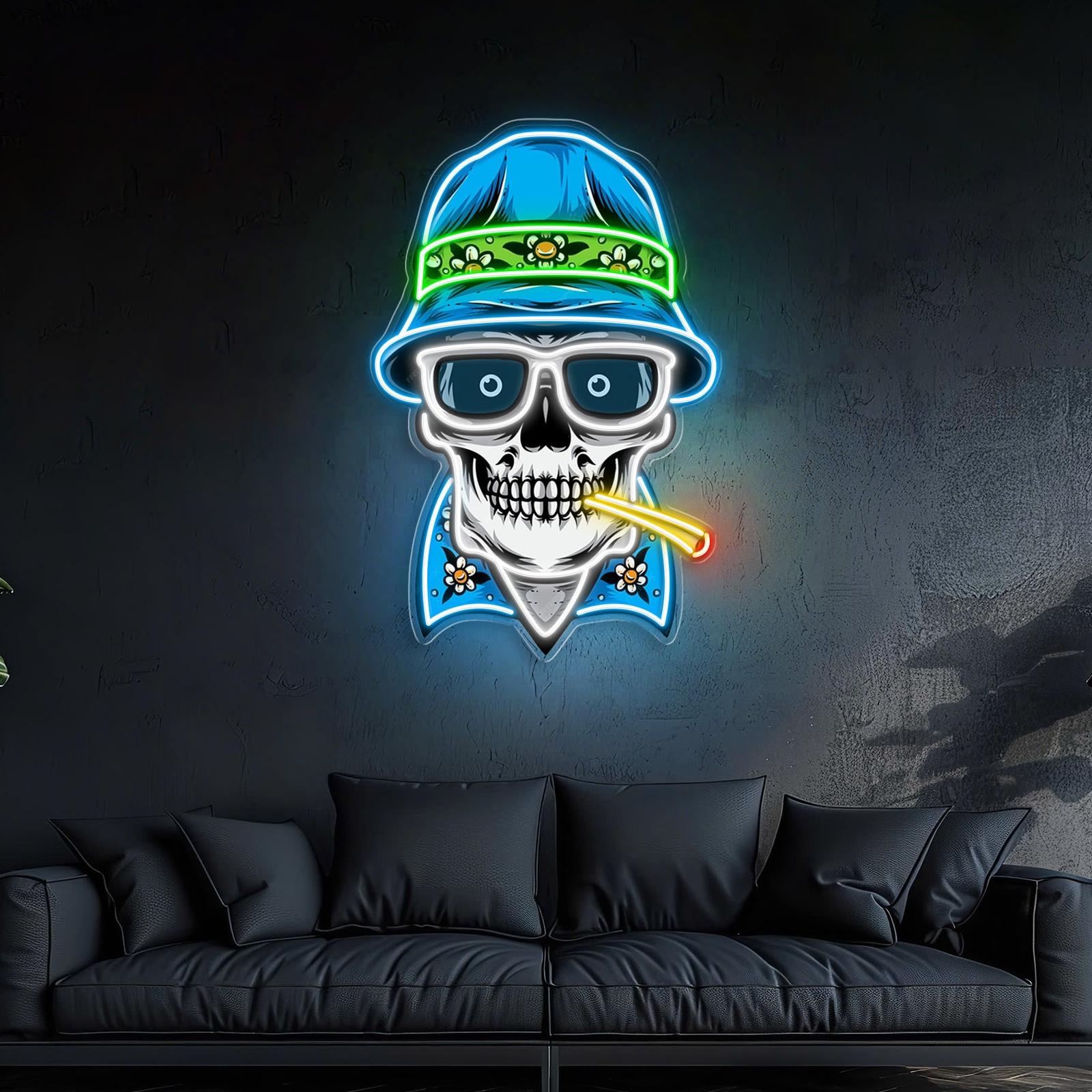 Totenkopf, Hut und Rauch im Neonlicht-Leuchtreklame