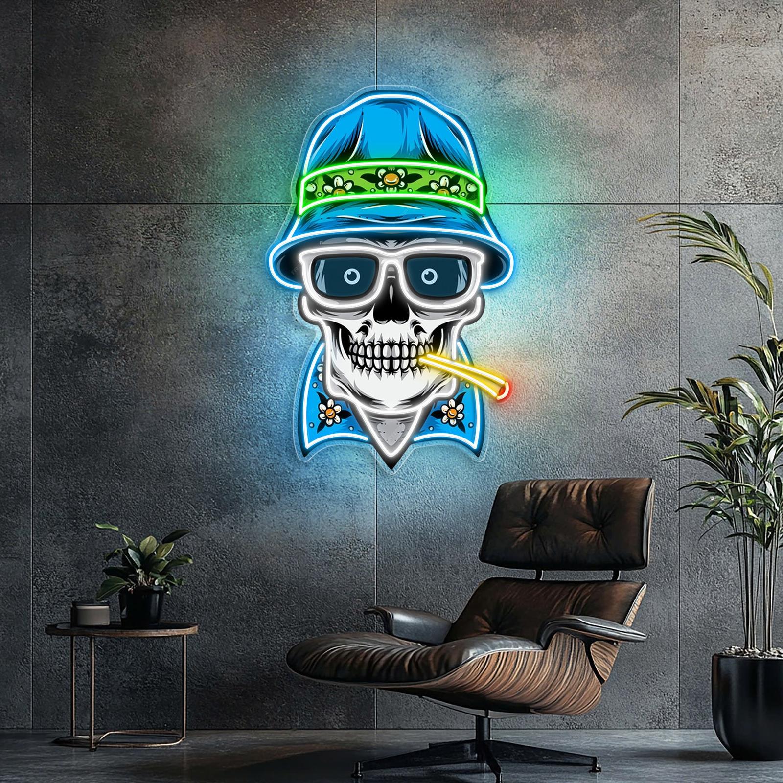 Totenkopf, Hut und Rauch im Neonlicht-Leuchtreklame