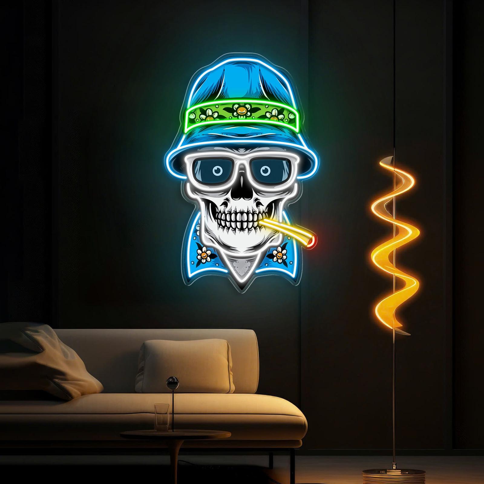 Totenkopf, Hut und Rauch im Neonlicht-Leuchtreklame