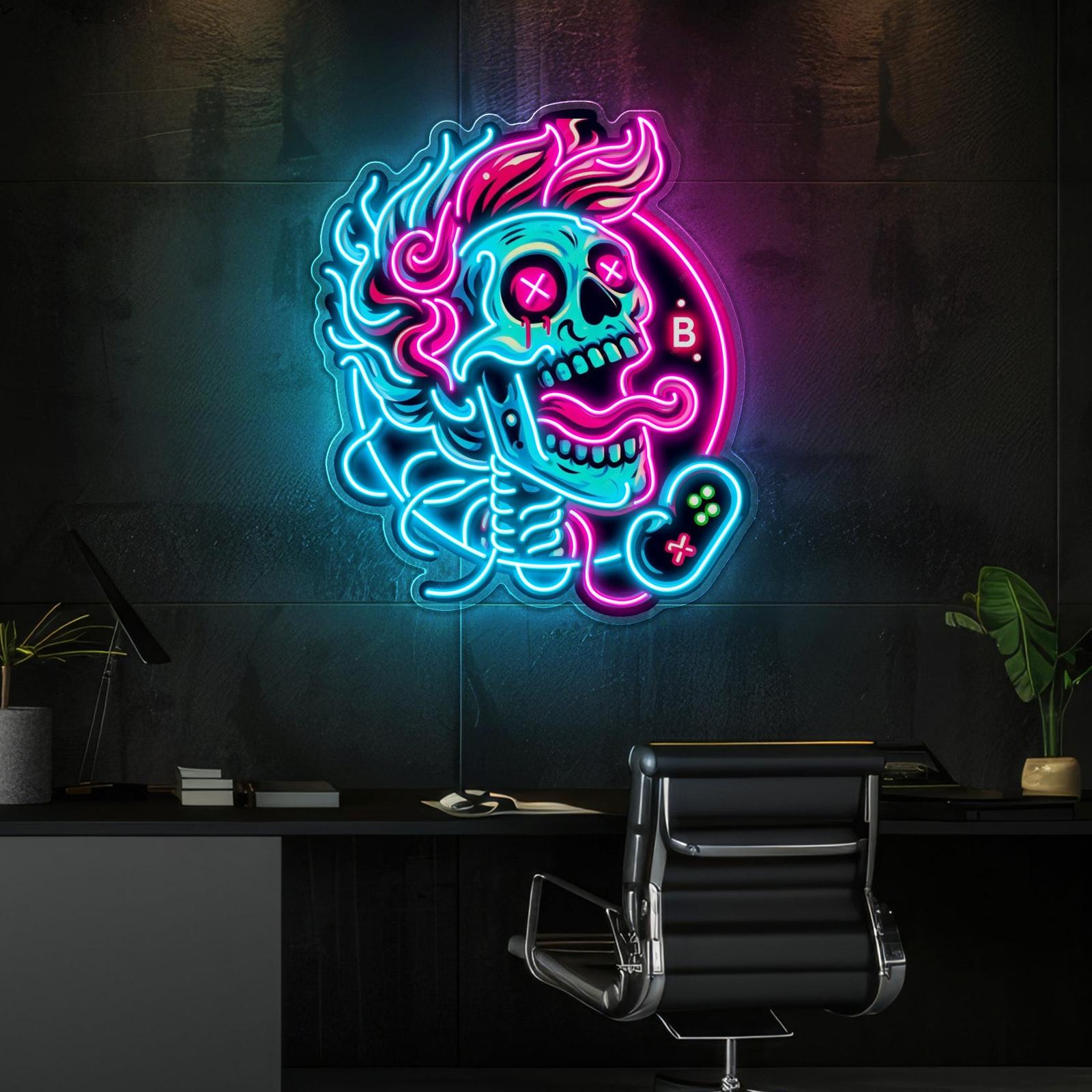 Kein Spiel, kein Licht, verrückter Totenkopf, Leuchtreklame, Lichtkunstwerk