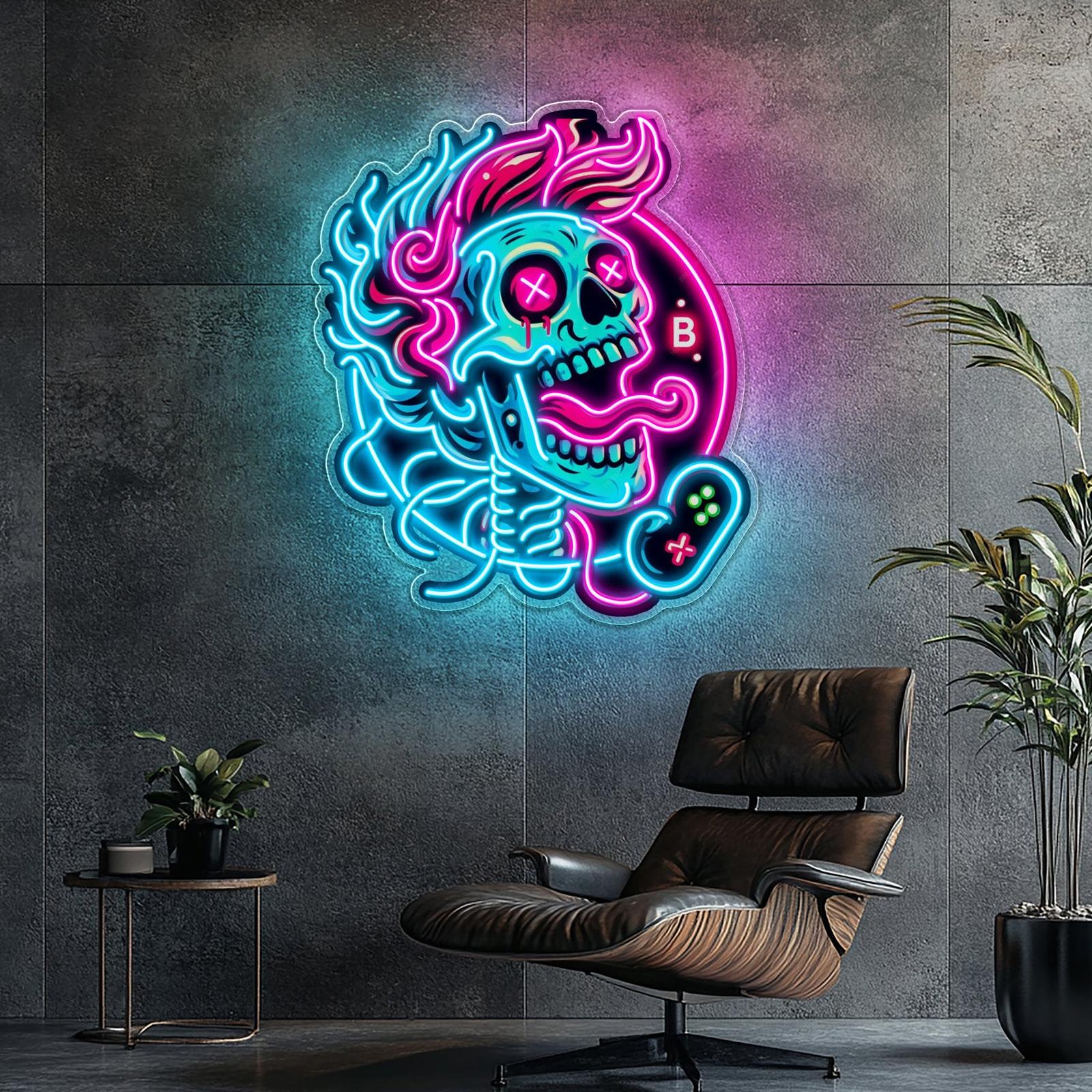 Kein Spiel, kein Licht, verrückter Totenkopf, Leuchtreklame, Lichtkunstwerk