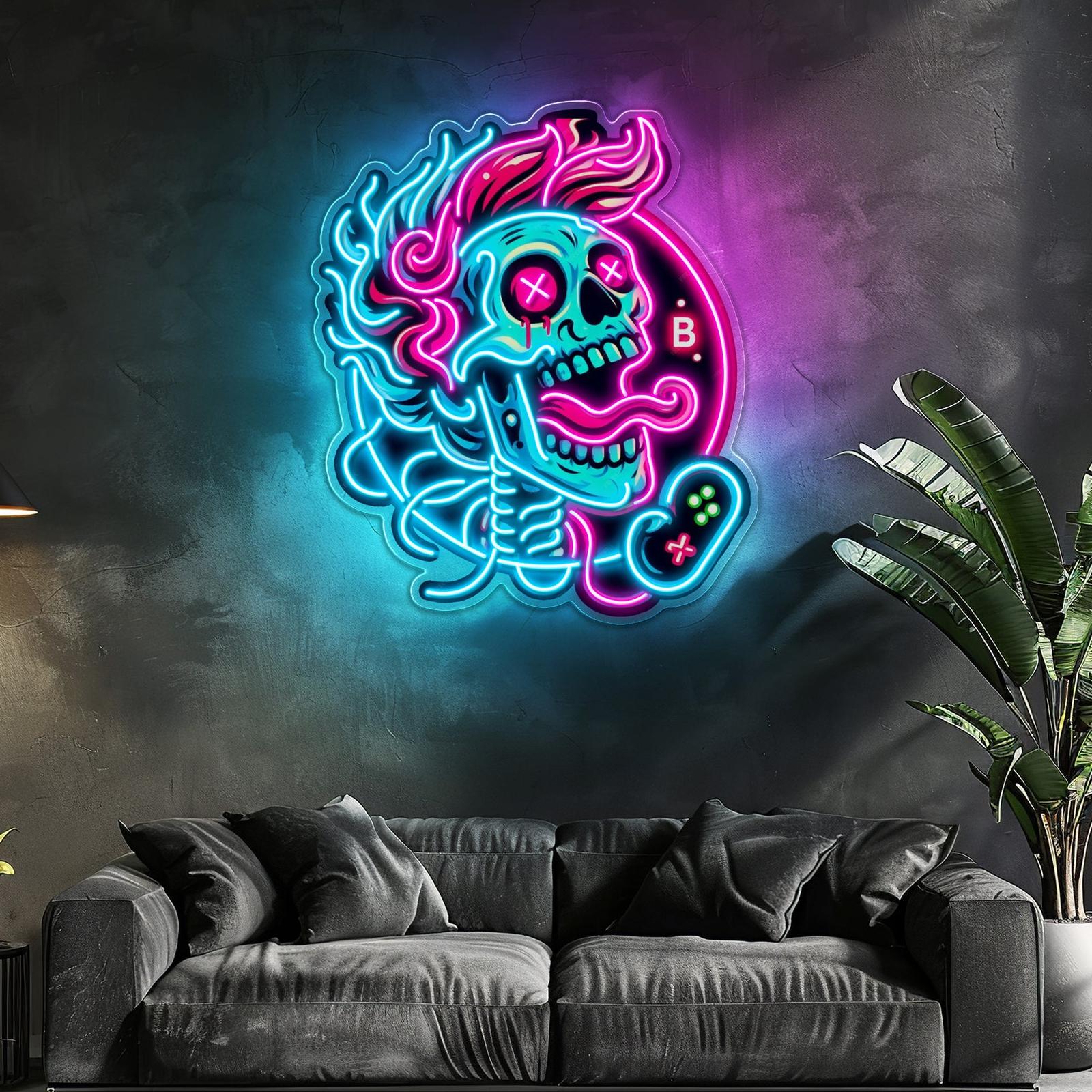 Kein Spiel, kein Licht, verrückter Totenkopf, Leuchtreklame, Lichtkunstwerk
