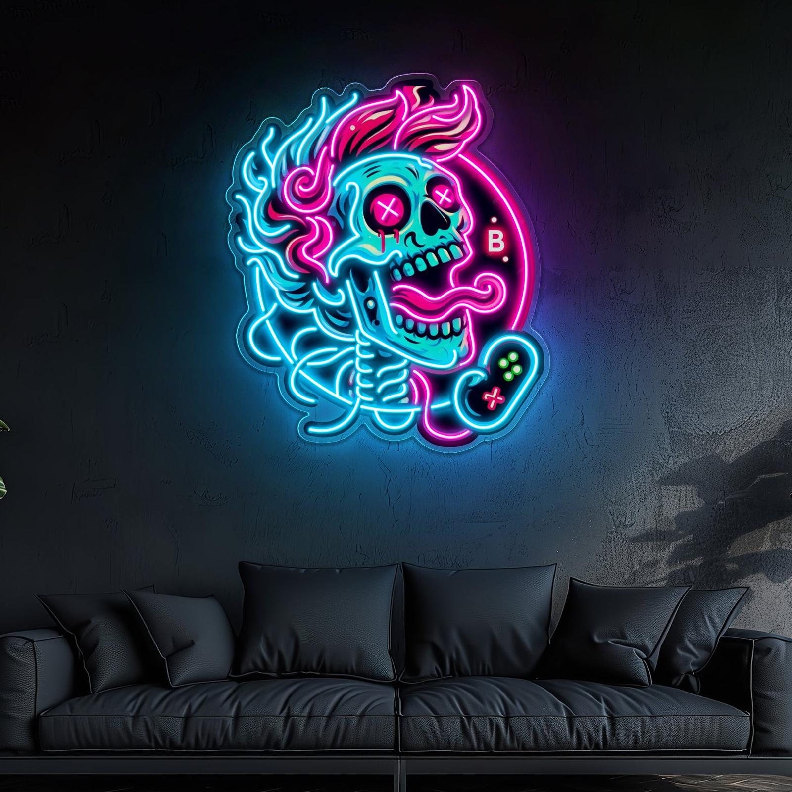 Kein Spiel, kein Licht, verrückter Totenkopf, Leuchtreklame, Lichtkunstwerk