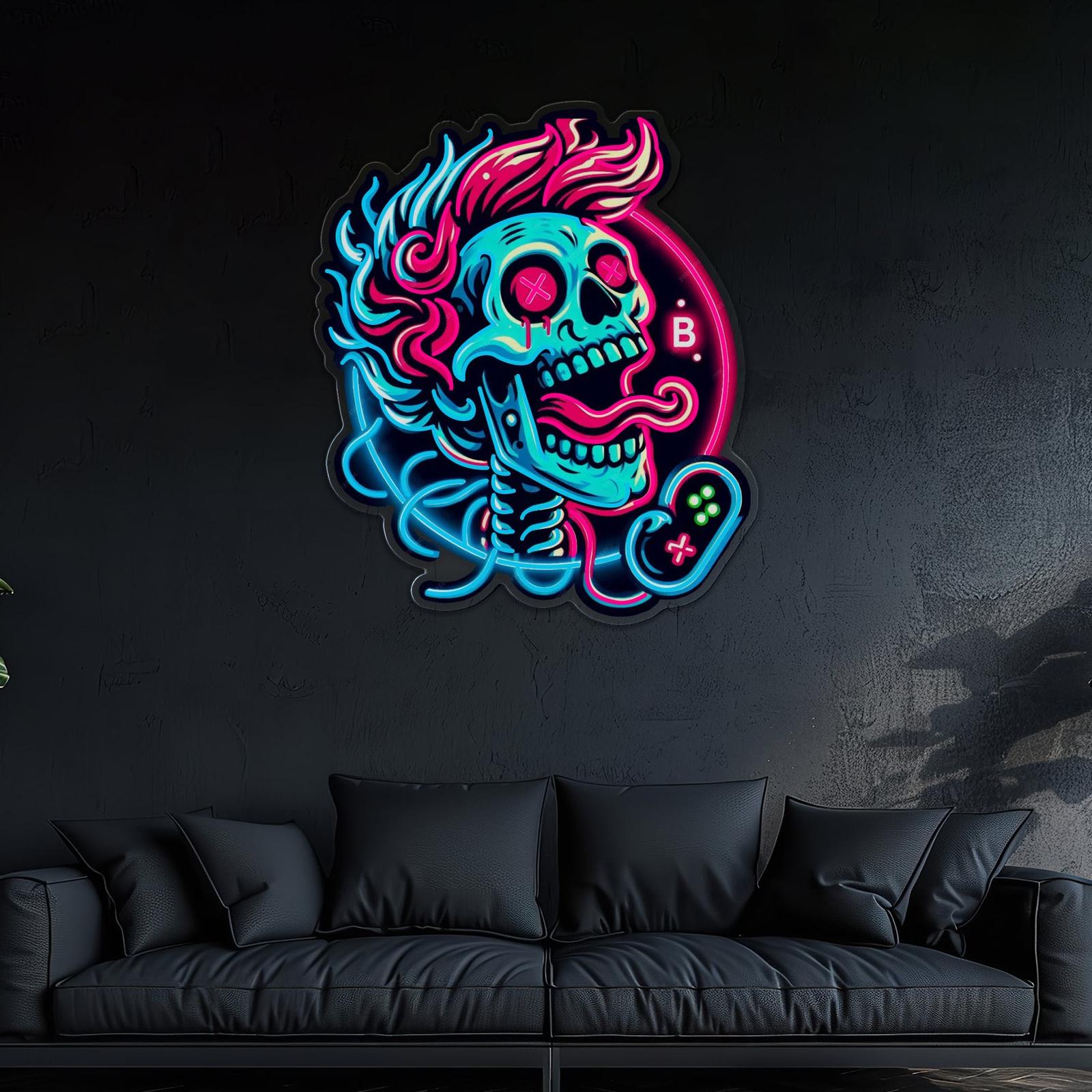 Kein Spiel, kein Licht, verrückter Totenkopf, Leuchtreklame, Lichtkunstwerk
