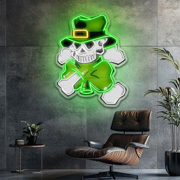 Lucky Skull, Shamrock Glow: Neon-Kunstwerk zum St. Patrick's Day