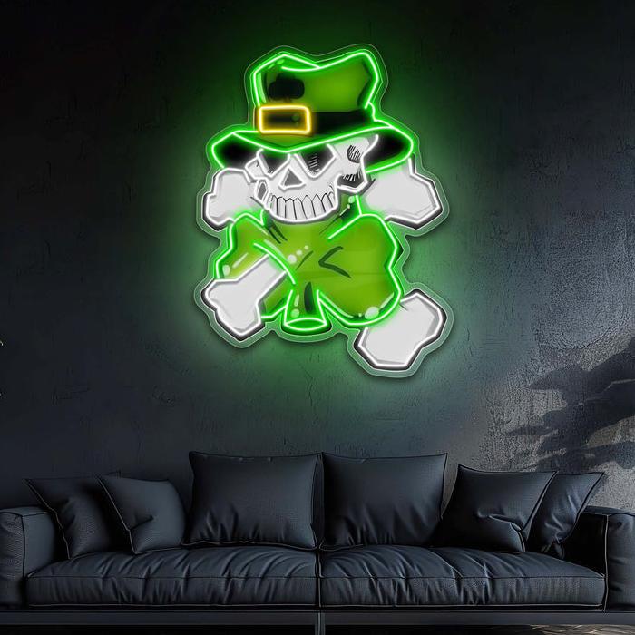 Lucky Skull, Shamrock Glow: Neon-Kunstwerk zum St. Patrick's Day