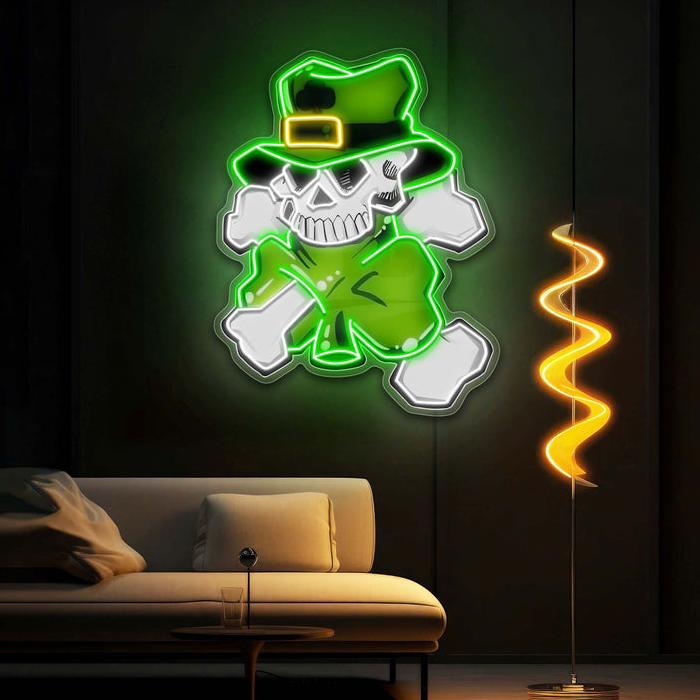 Lucky Skull, Shamrock Glow: Neon-Kunstwerk zum St. Patrick's Day