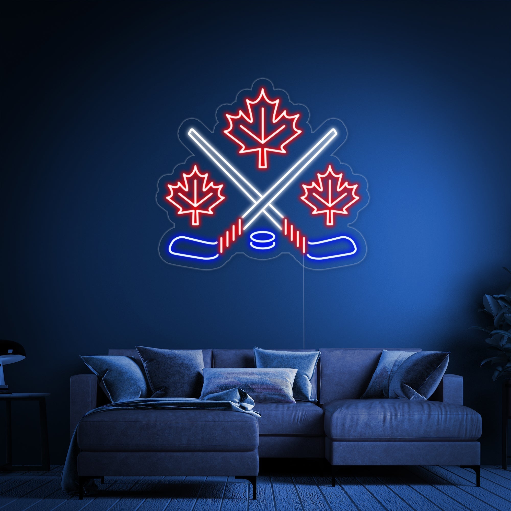 "Ahornblätter Mit Gekreuzten Eishockeyschlägern" Neonschrift