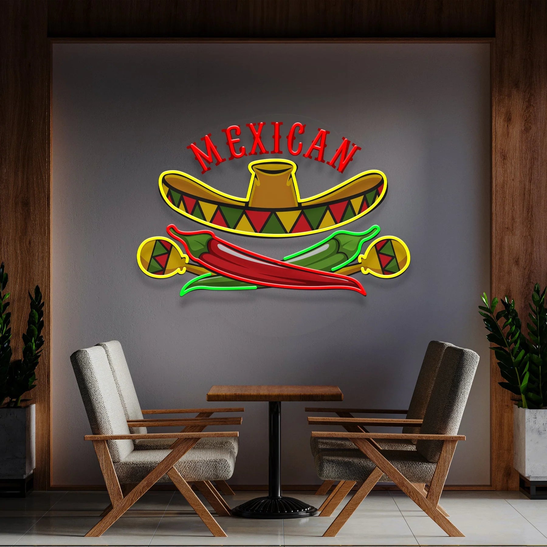 Mexikanisches Restaurant mit Sombrero-Hut, Kunstwerk, LED Leuchtreklame