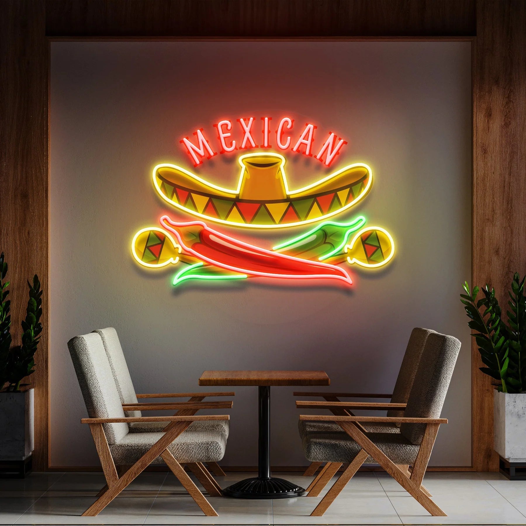 Mexikanisches Restaurant mit Sombrero-Hut, Kunstwerk, LED Leuchtreklame
