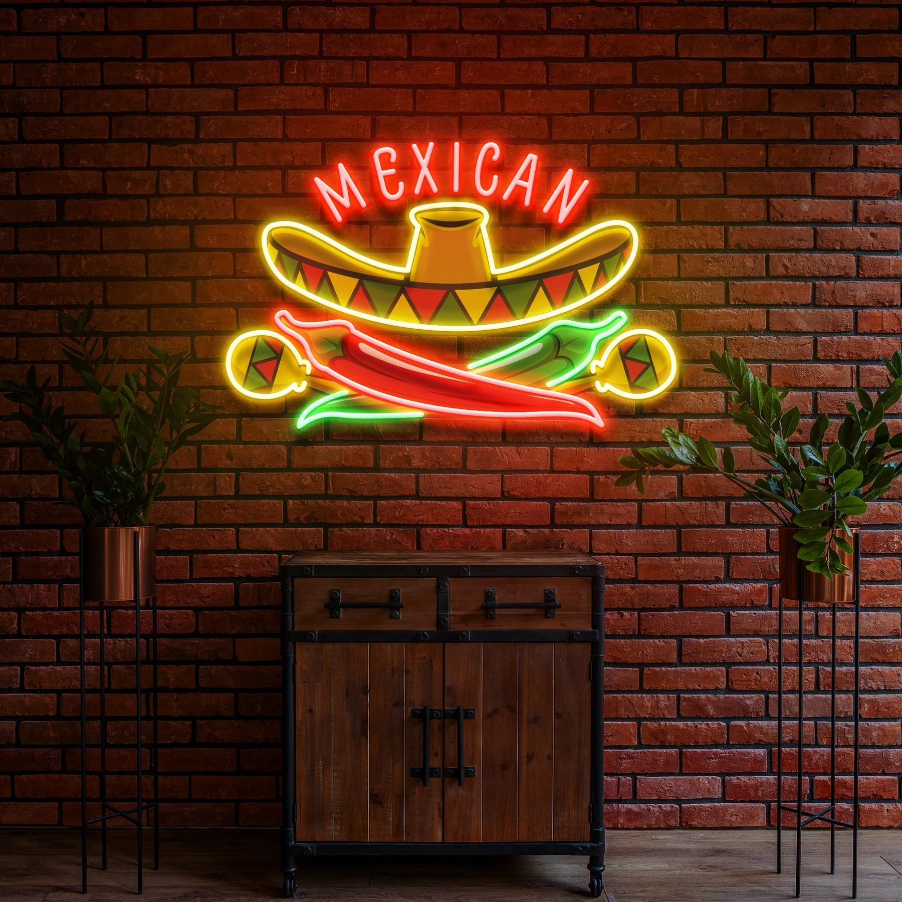 Mexikanisches Restaurant mit Sombrero-Hut, Kunstwerk, LED Leuchtreklame