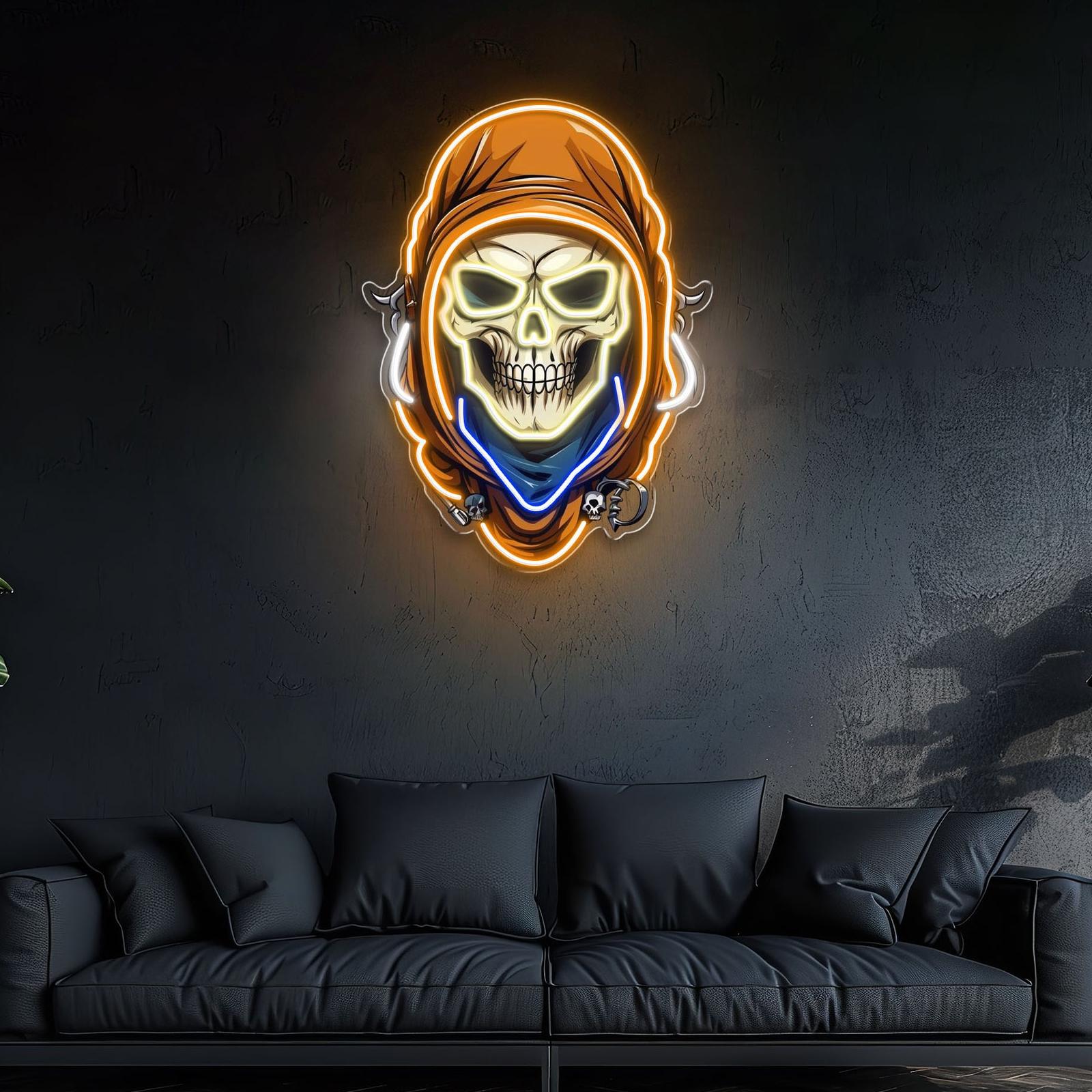 Mysteriöse Totenkopf Leuchtreklame mit Umhanglicht Kunstwerk