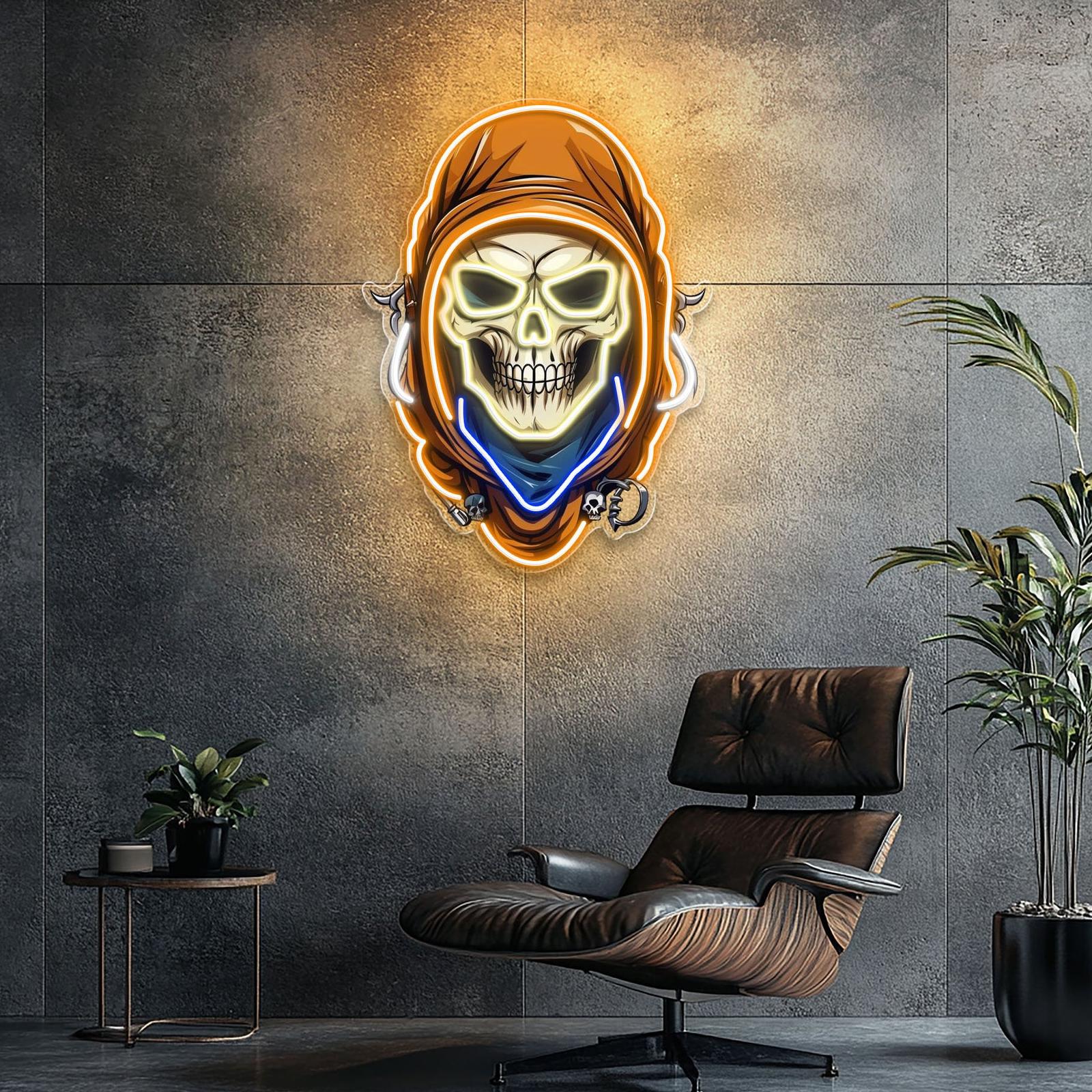 Mysteriöse Totenkopf Leuchtreklame mit Umhanglicht Kunstwerk